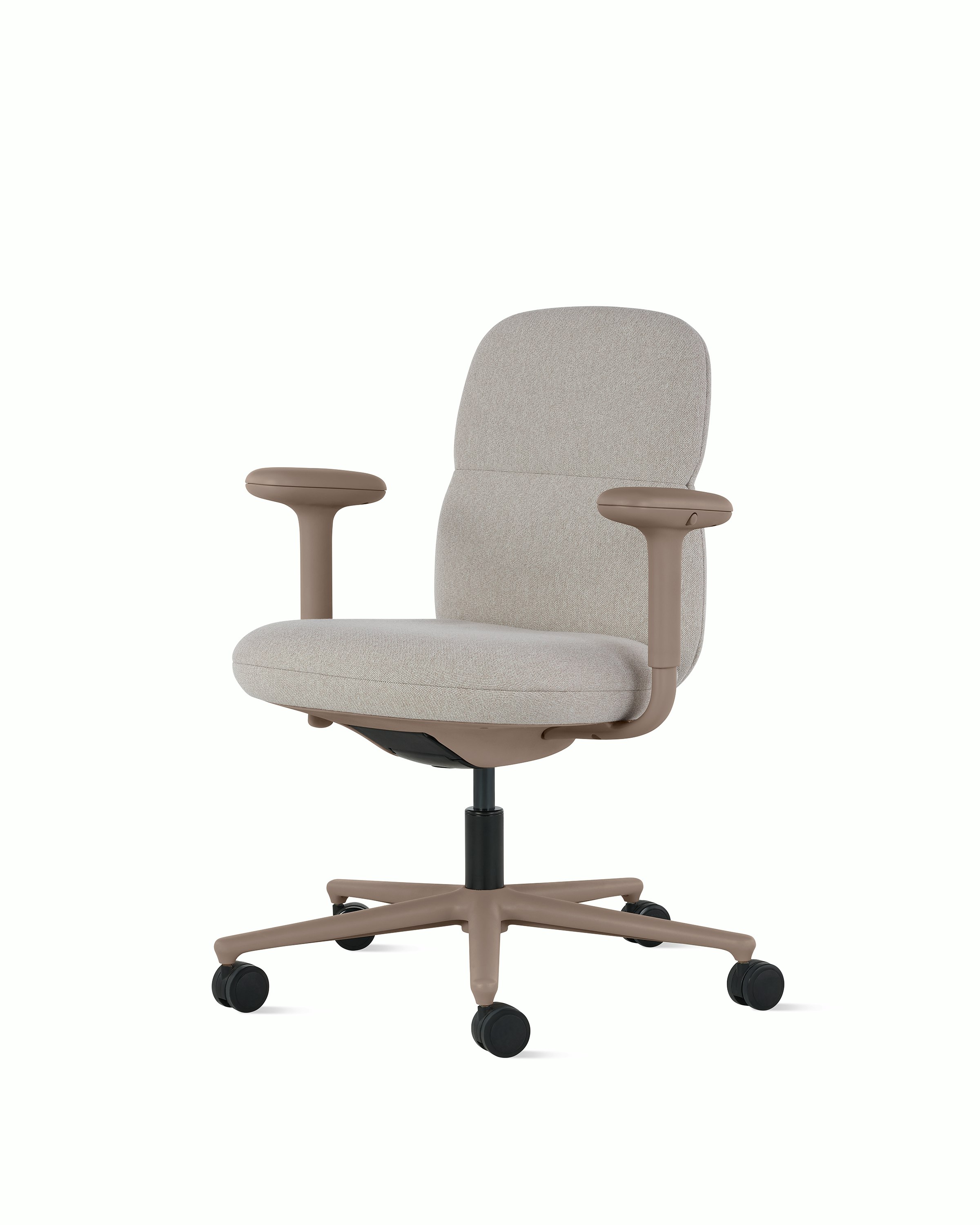Front angle view of a mid-back Asari chair by Herman Miller in light brown with height adjustable arms.