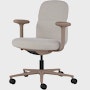 Front angle view of a mid-back Asari chair by Herman Miller in light brown with height adjustable arms.