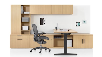 A Canvas Private Office, Renew sit-to-stand table, and Aeron chair by Herman Miller