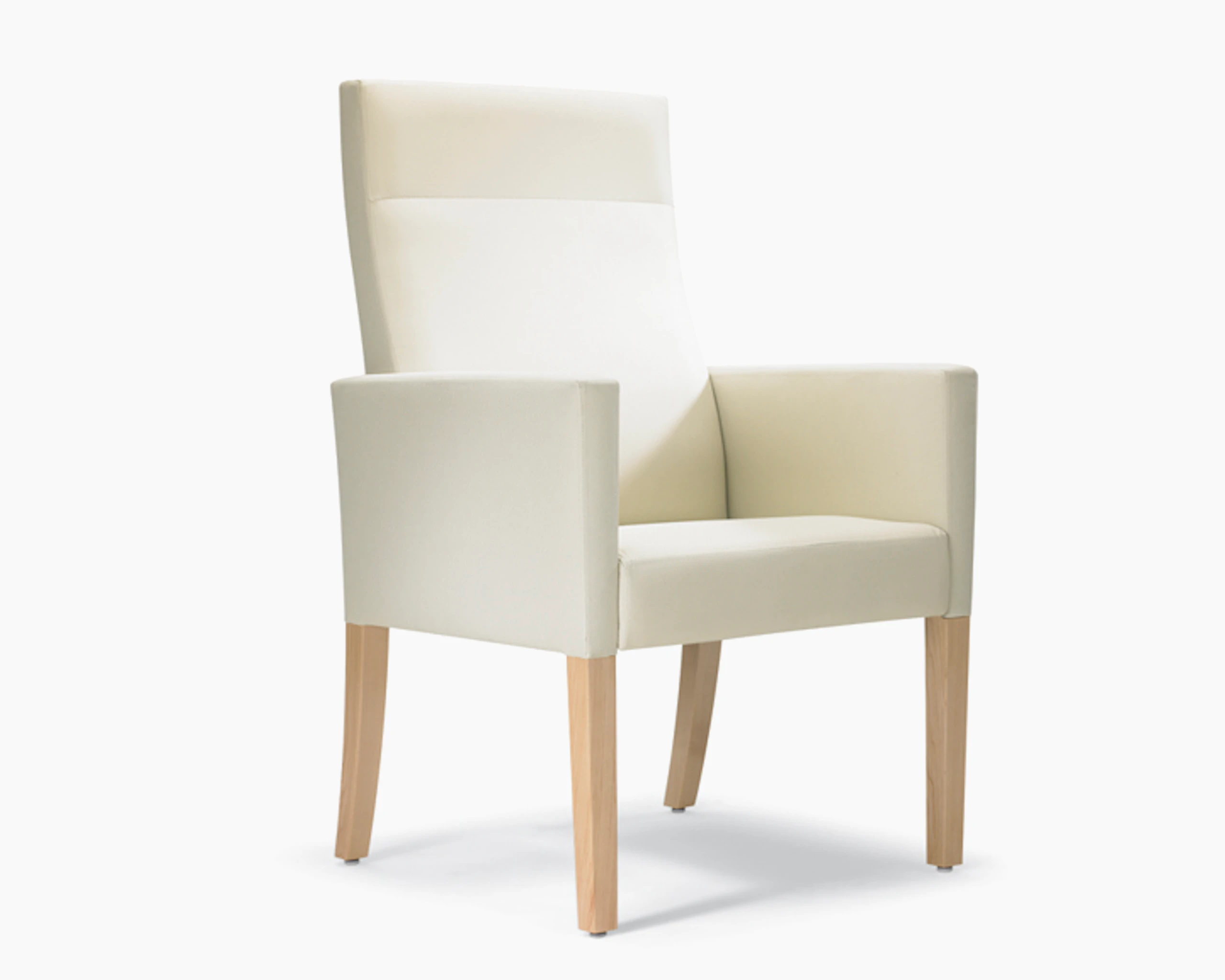 A three-quarter view of a Brava 863 high-back patient chair in white textile with fully upholstered arms.