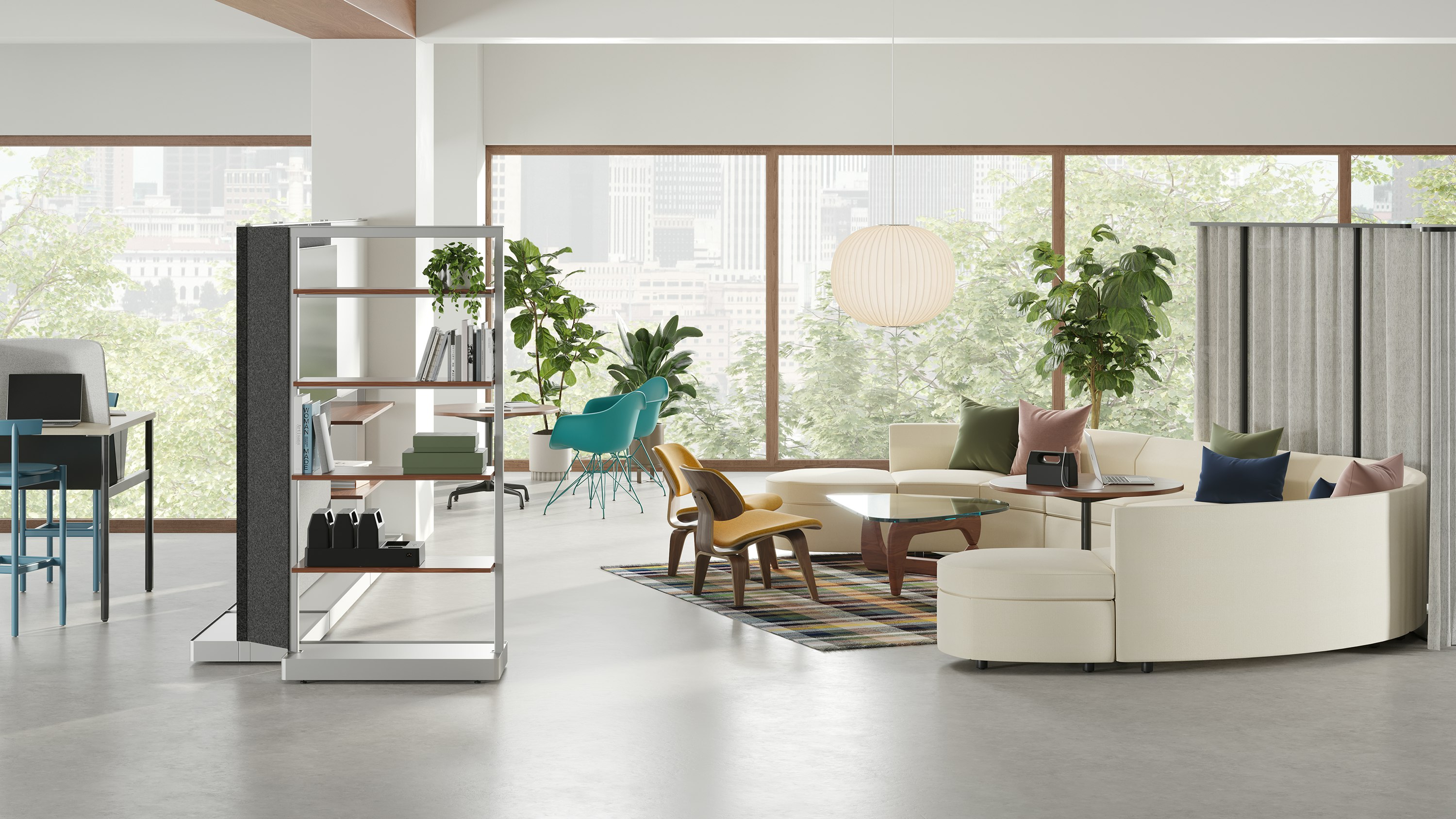 Open office community socialization area with yellow Bevel Sofa, OE1 Agile Walls and grey OE1 Freestanding Curtains.