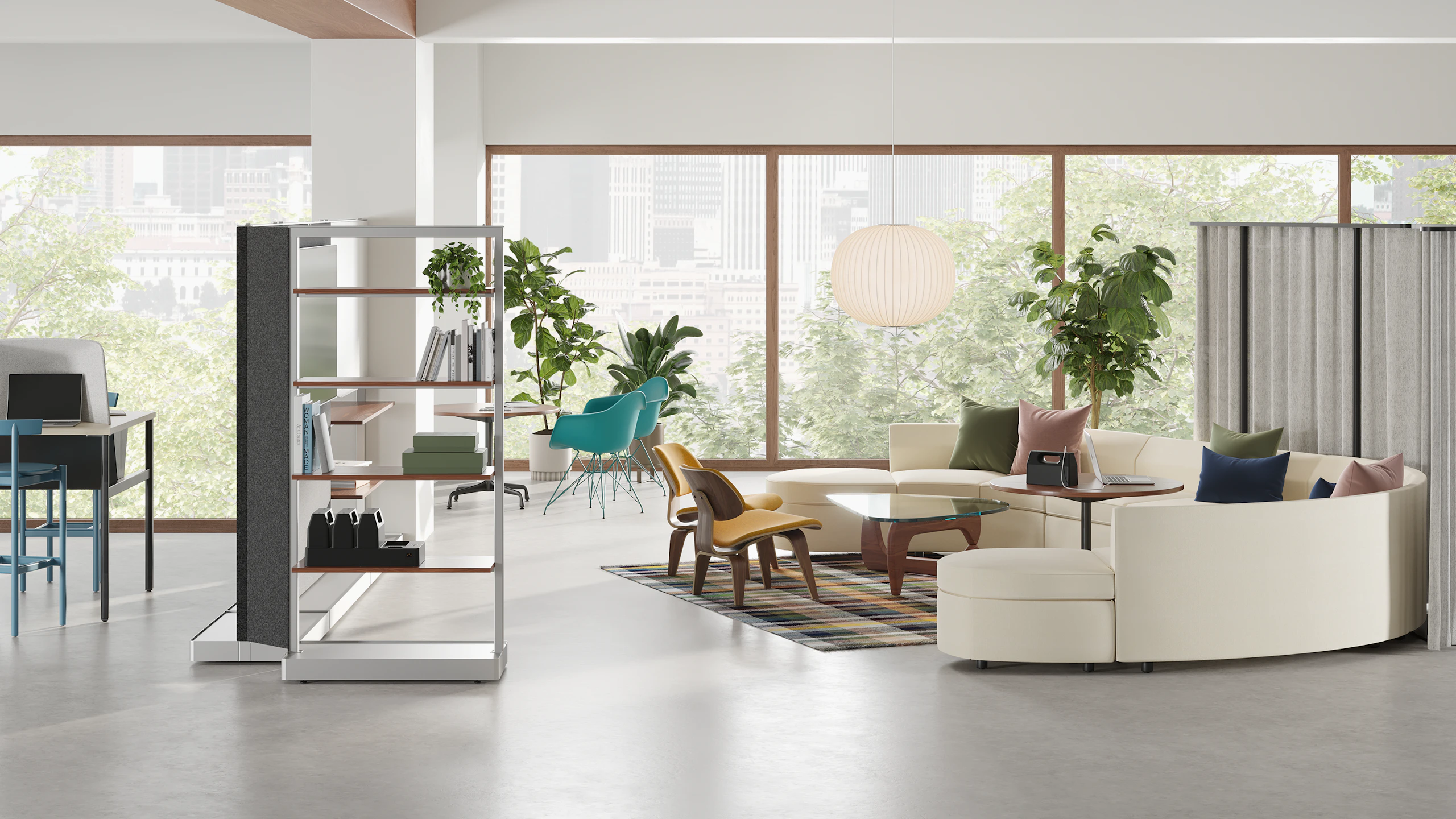 Open office community socialization area with yellow Bevel Sofa, OE1 Agile Walls and grey OE1 Freestanding Curtains.