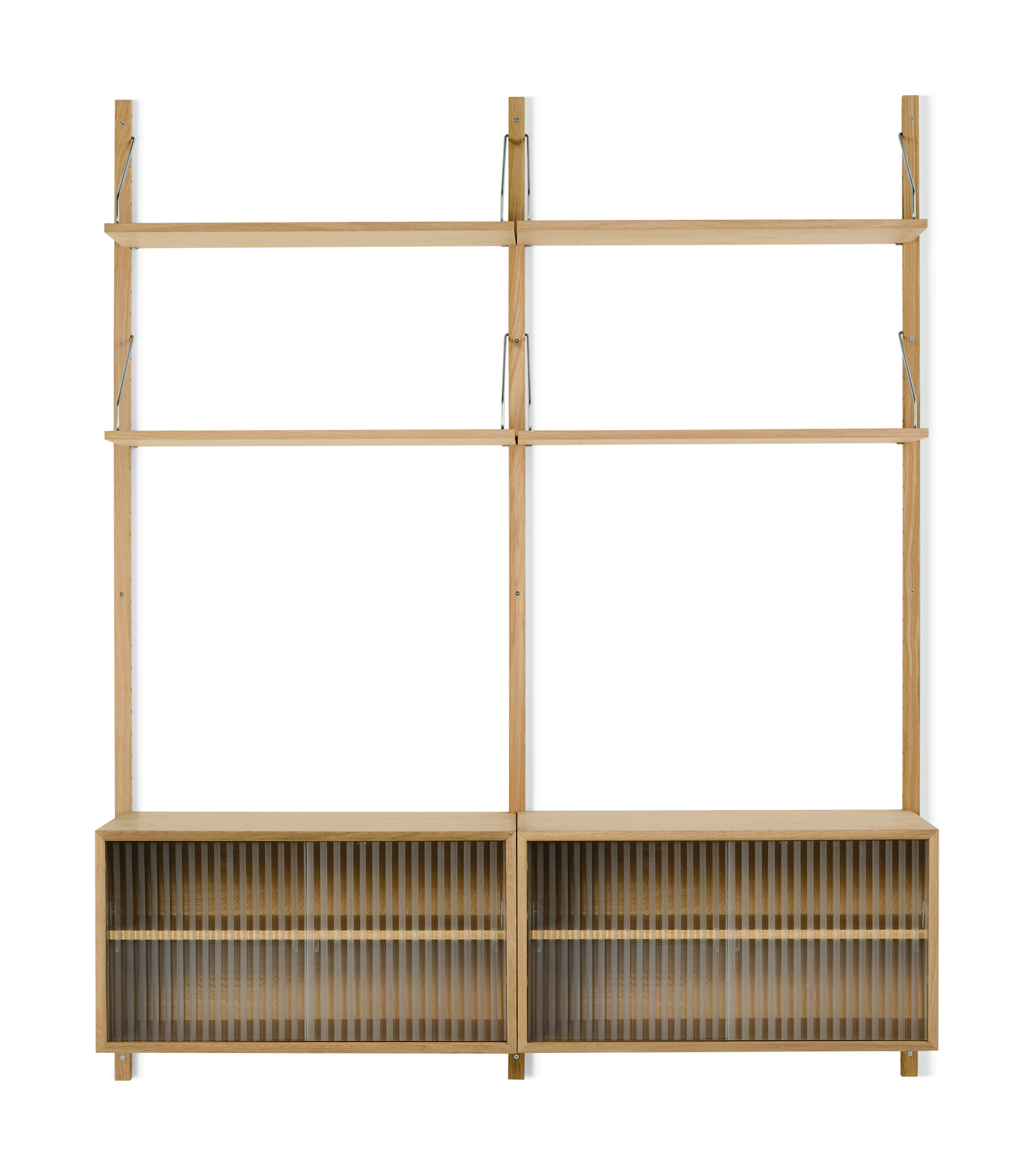 Royal System Shelving 2 Bay - Oak,  2 Cabinets,  Rippled Glass Cabinet