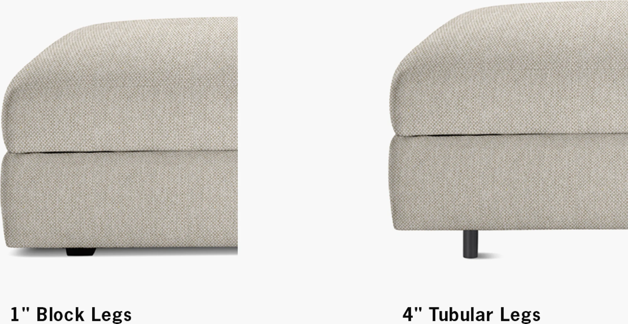 Reid chaise sofa showing alternative leg styles: block legs and tubulous legs.