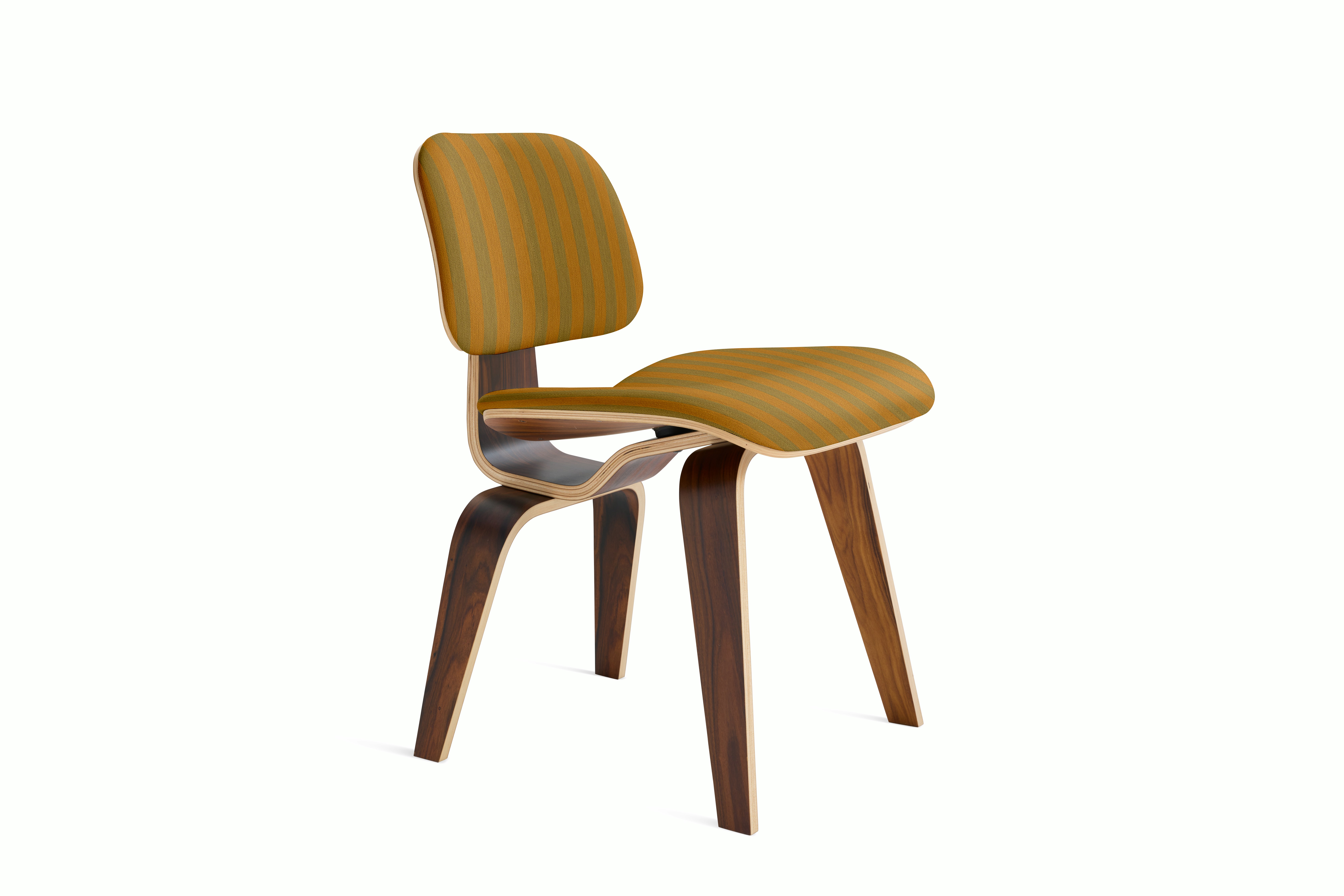 Eames Molded Plywood Dining Chair Wood Base (DCW) - Upholstered,  Palisander,  Toostripe,  Ochre Dark and Sienna