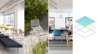 Un collage de différents espaces - comprenant un bureau intérieur, une passerelle extérieure et un espace de travail de groupe - qui représentent des environnements communautaires, de groupe et individuels