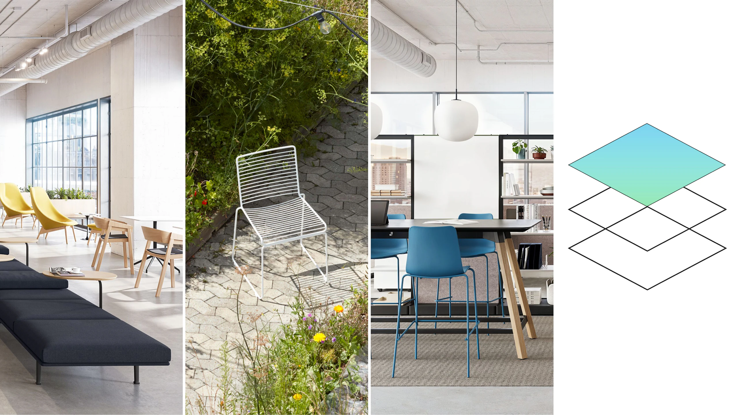 A collage of different spaces – including an interior office, exterior walkway and a group neighbourhood workspace – that represent community, group and individual settings