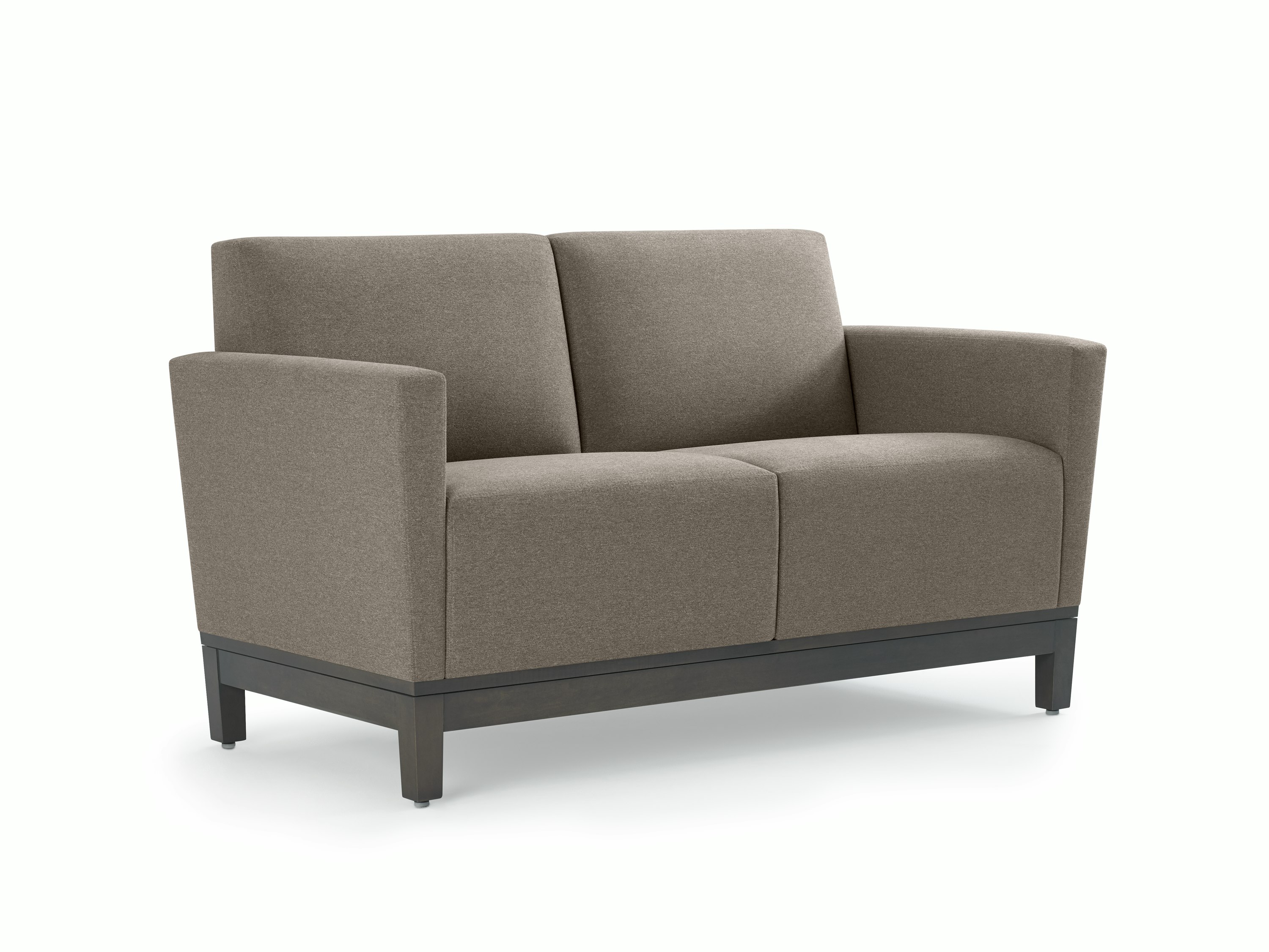 Three-quarter view of a gray two-seat Brava Platform Lounge on wood base.