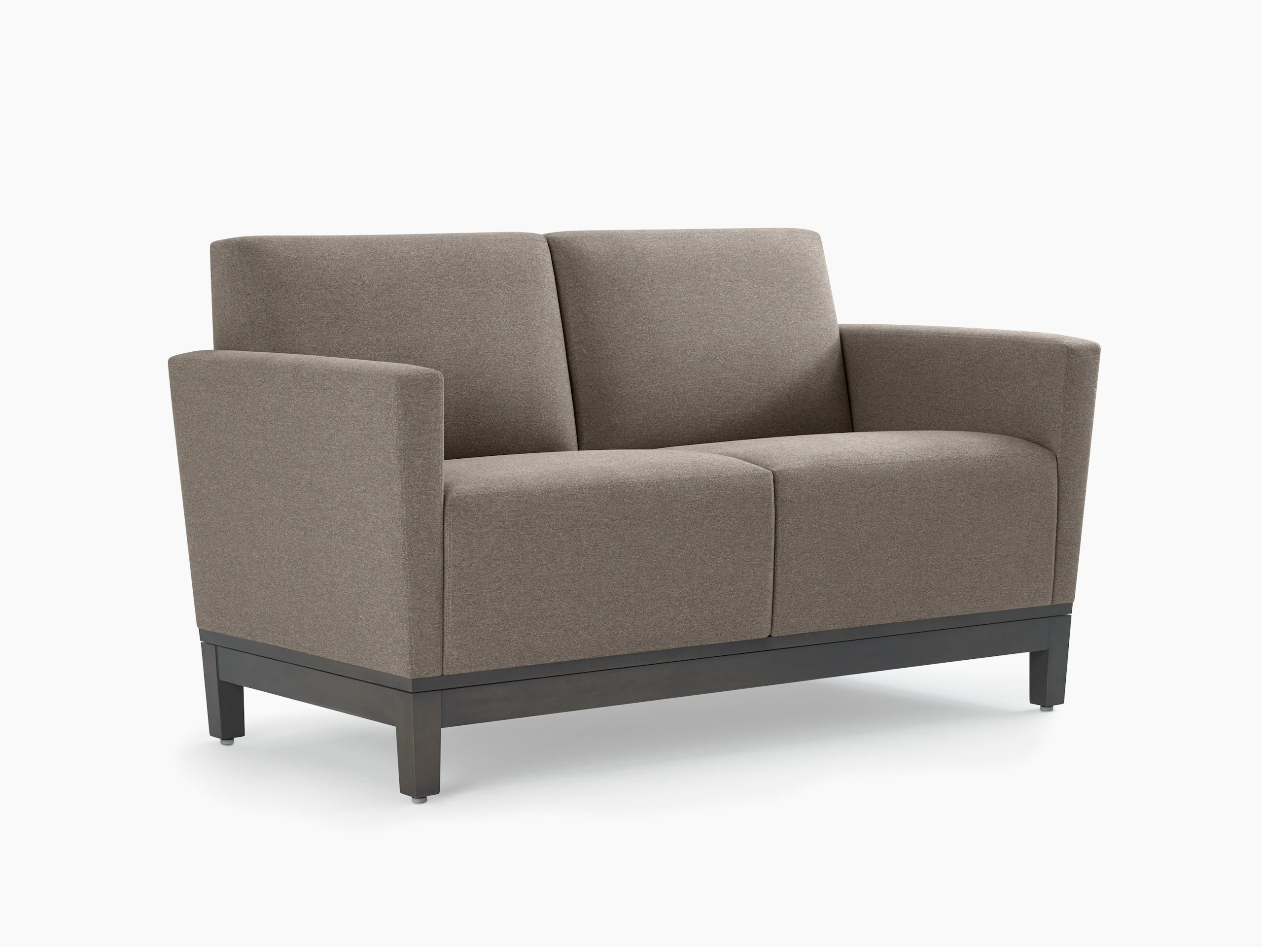 Three-quarter view of a gray two-seat Brava Platform Lounge on wood base.