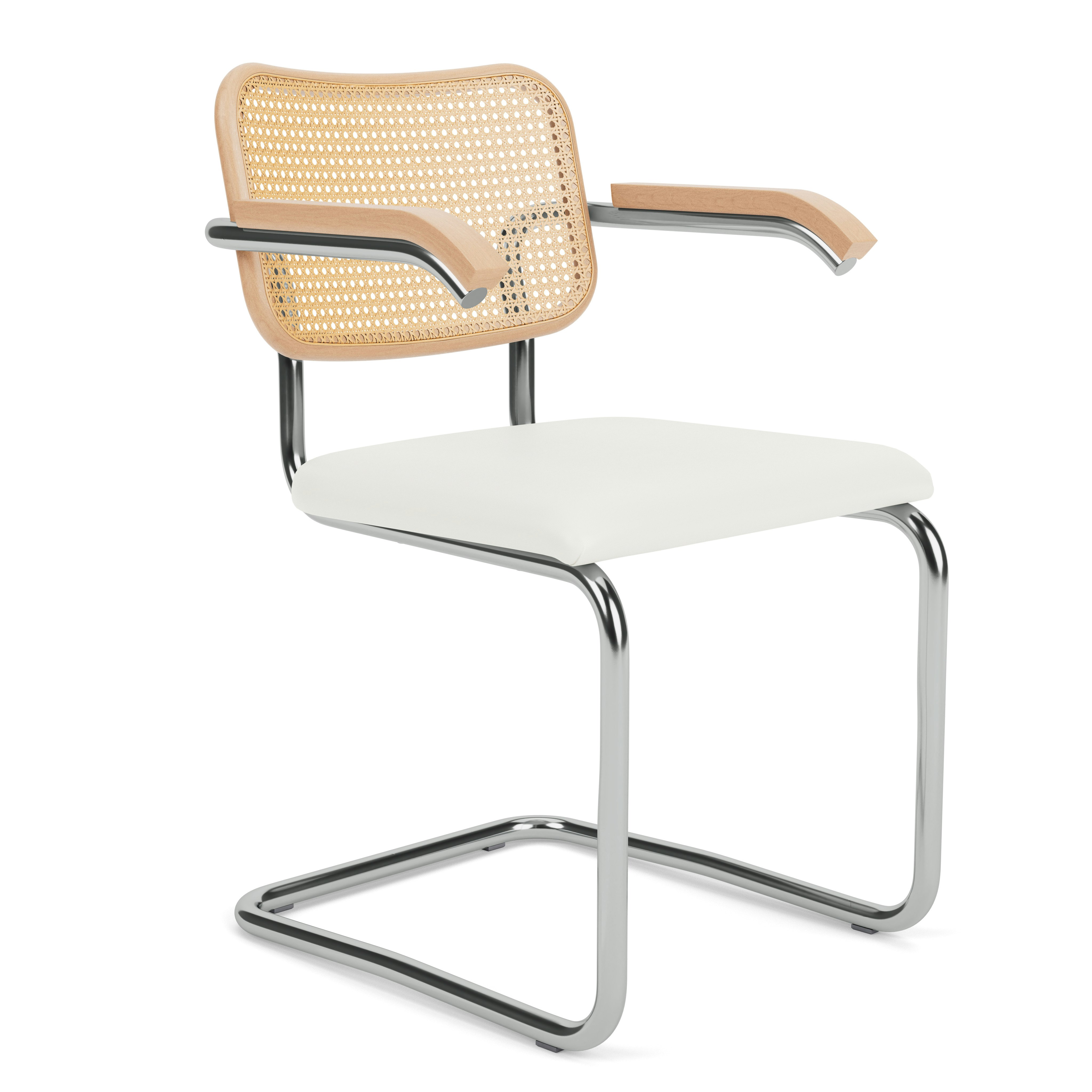 Cesca Armchair, Caned \ Natural Beach Back, Upholstered Seat, Acqua Leather, Bearing Sea