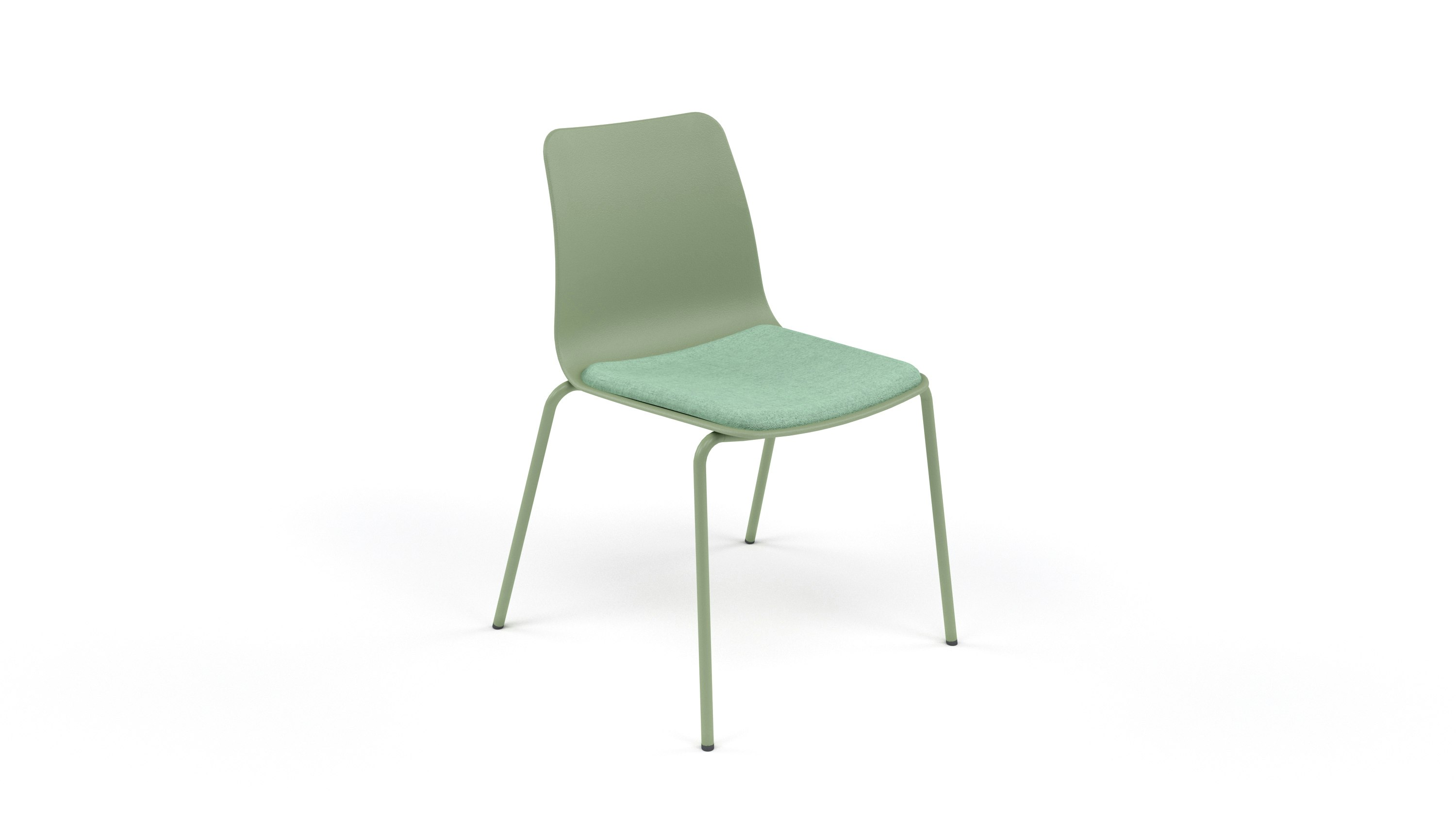 Three quarter view of pale green polypropylene Polly Chair with pale green 4 leg metal base and upholstered seatpad.