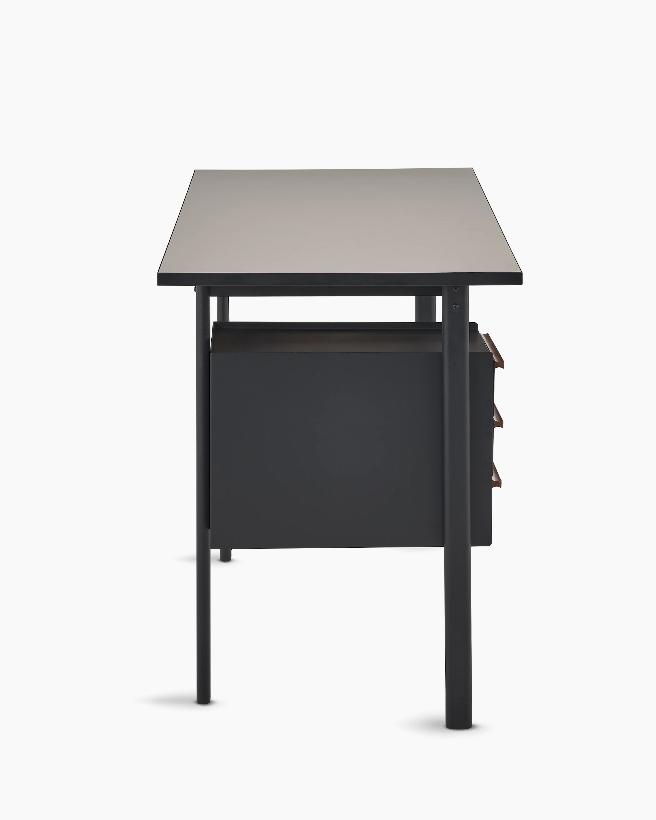 Side view of a Mode desk in black with sandstone top.