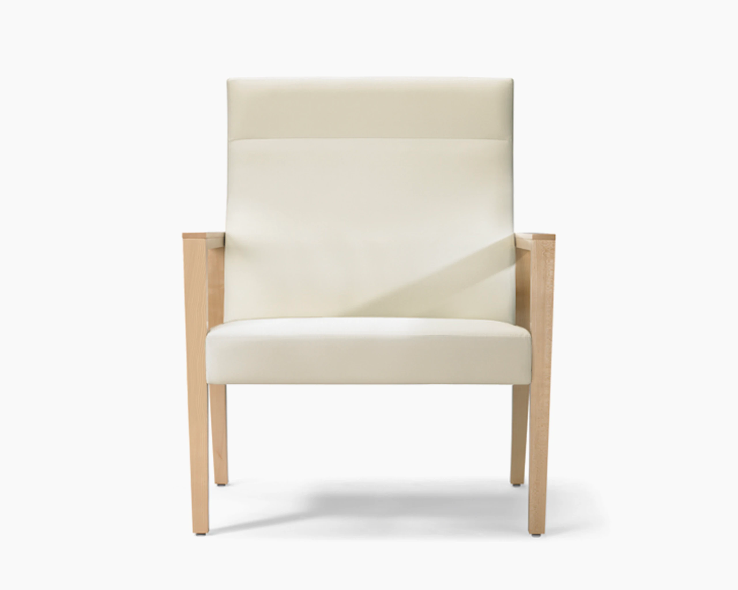 A front view of a Brava 863 high-back plus chair in white textile with open maple wood arms.