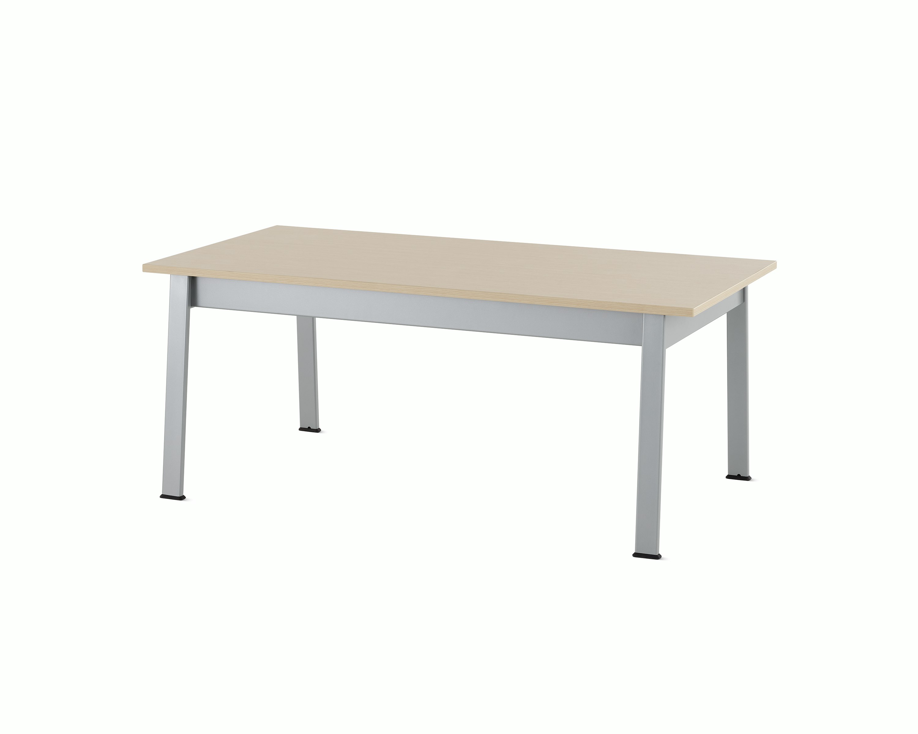 Angled view of an Easton Coffee Table with a clear on ash laminate top and metallic silver legs.