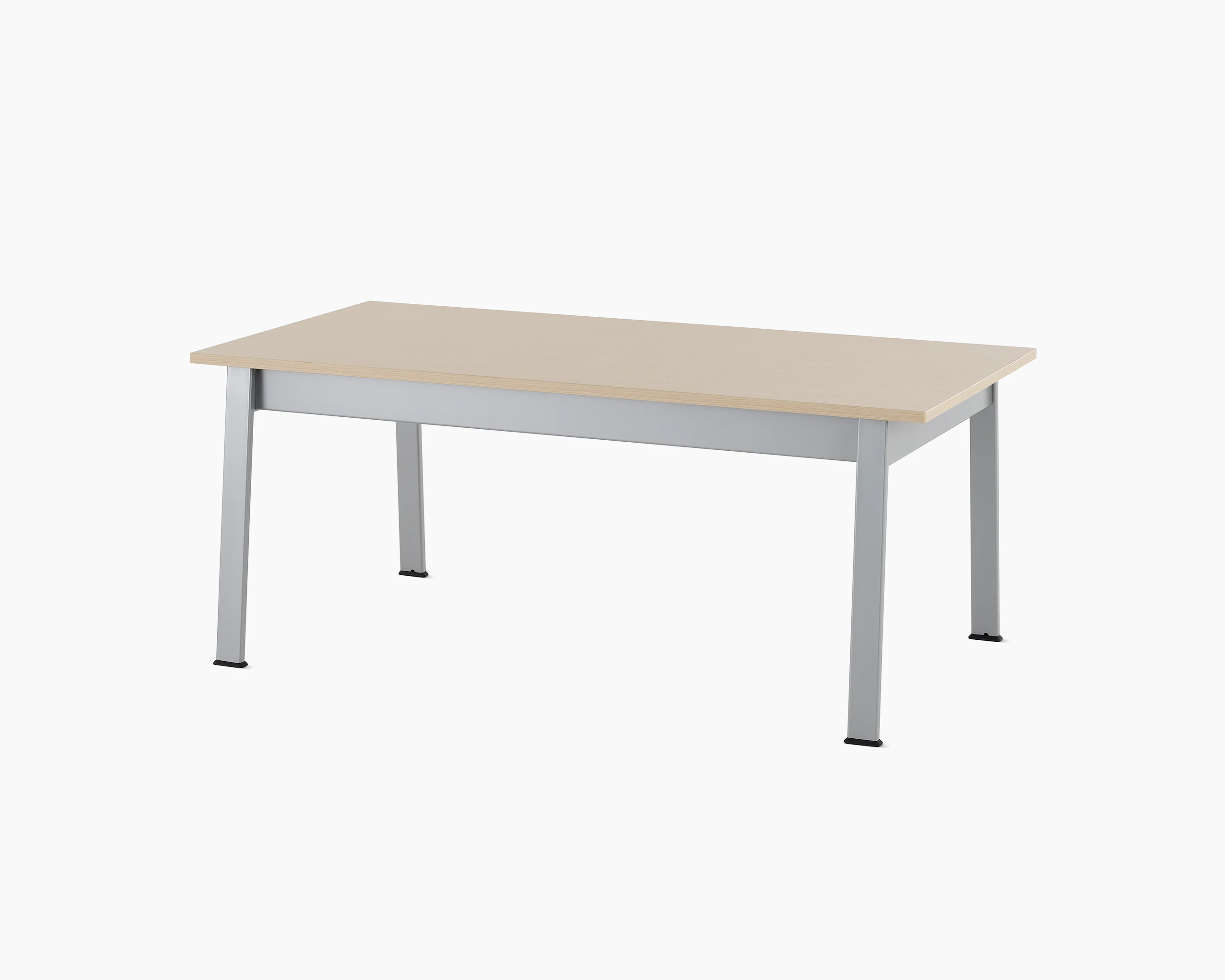 Angled view of an Easton Coffee Table with a clear on ash laminate top and metallic silver legs.