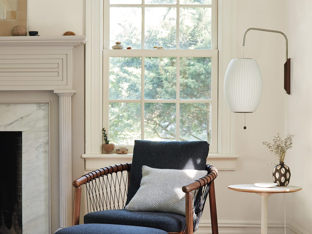 Crosshatch chair and Nelson bubble wall sconce