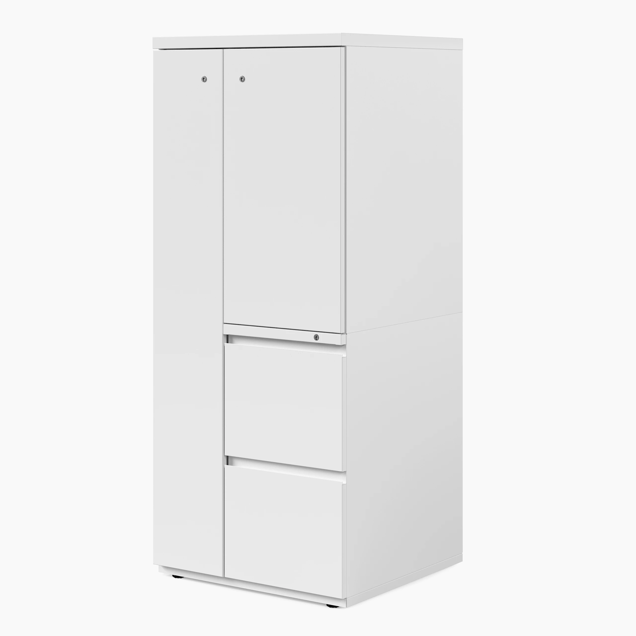 White Series 2 storage tower with wardrobe, viewed from a front angle.