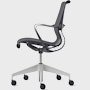 Side view of a Setu chair in dark grey with a silver alloy base.