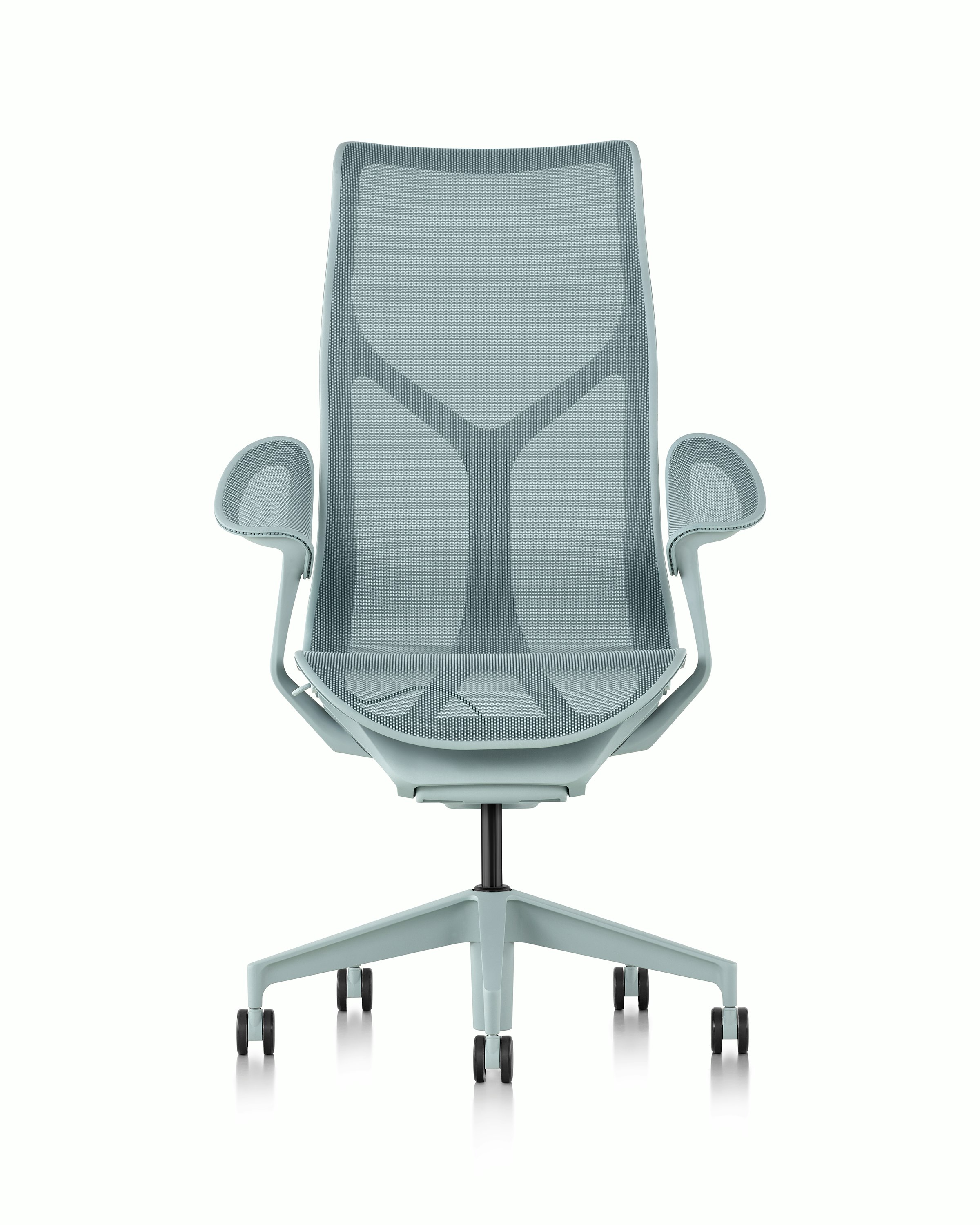 Cosm high back chair, front view, light blue