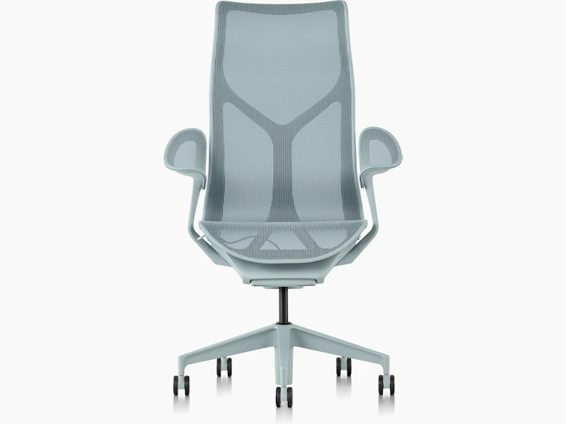 Cosm high back chair, front view, light blue