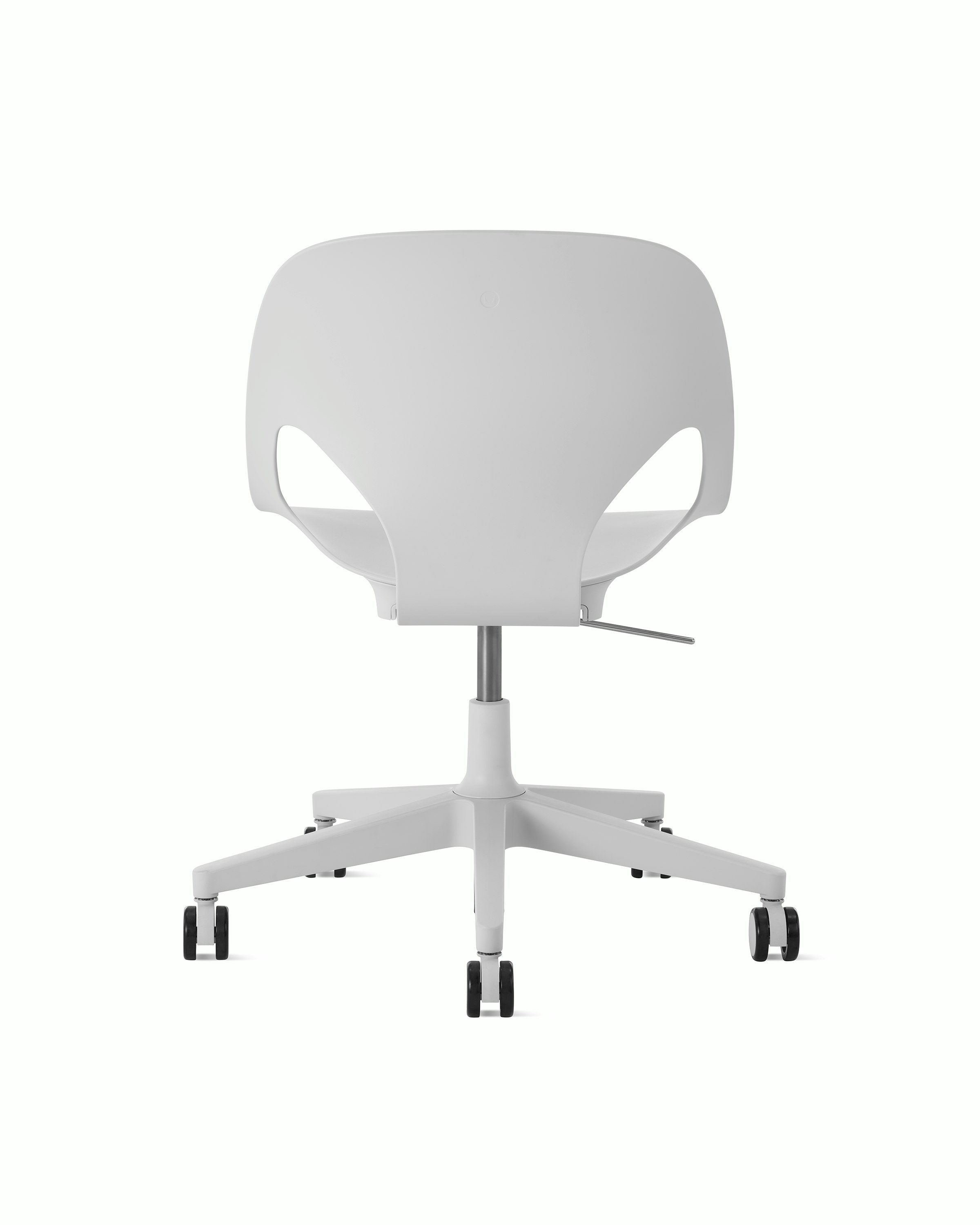 Rear view of a light grey armless Zeph chair.
