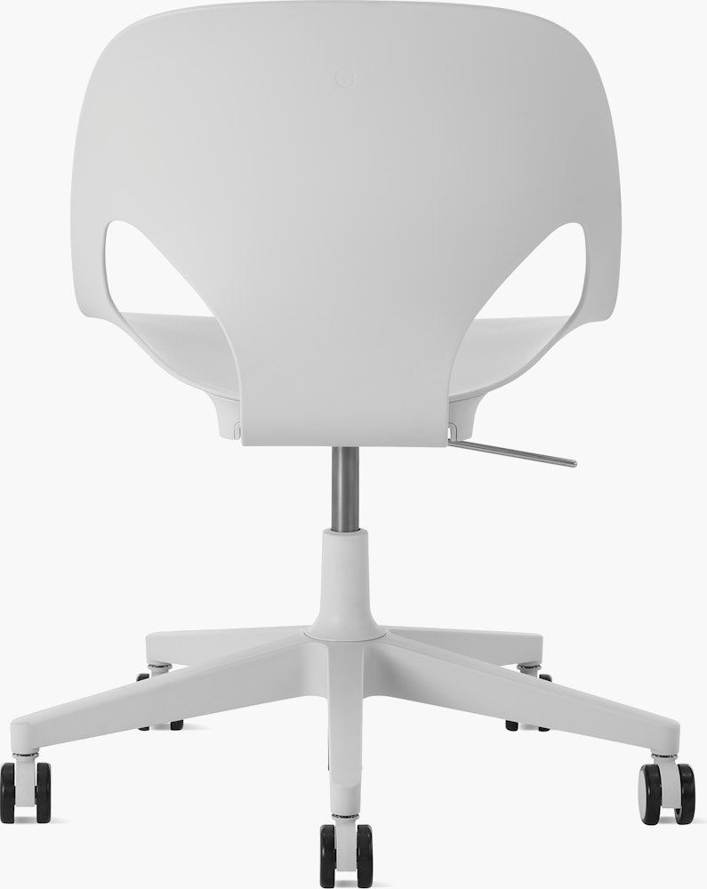 Rear view of a light grey armless Zeph chair.