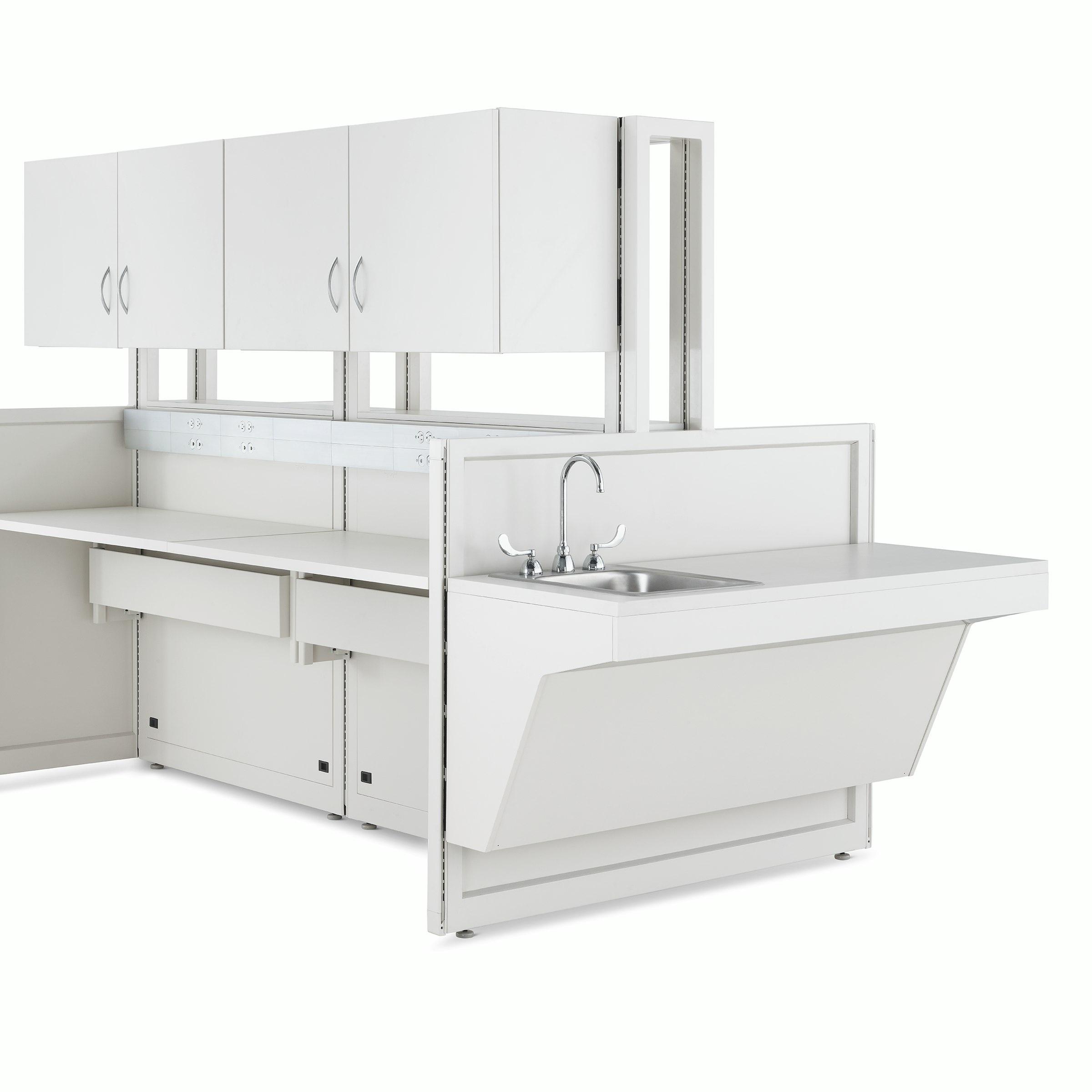 Detail of soft white Co/Struc System ADA sink hanging on a frame module.