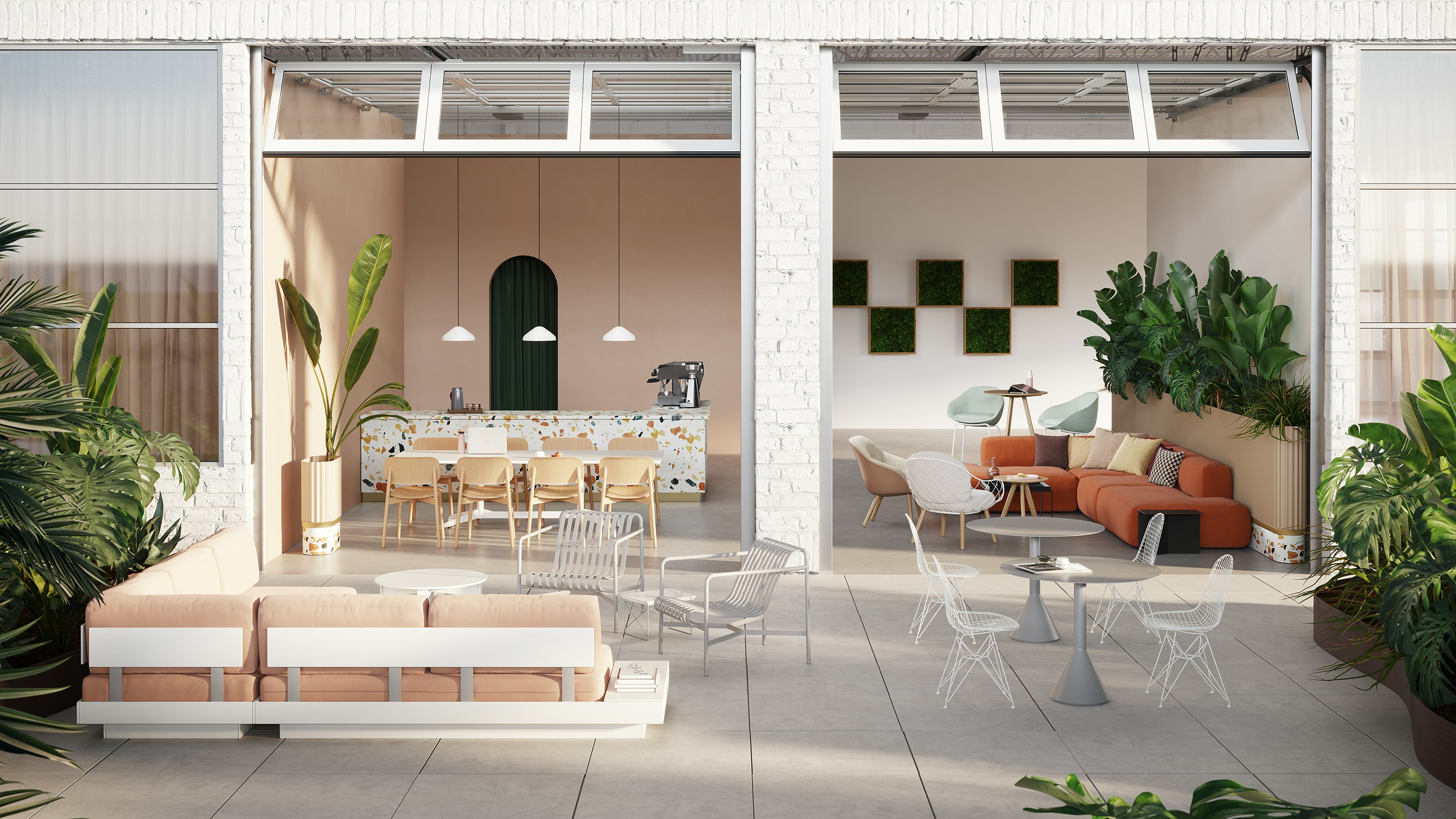 A casual indoor/outdoor setting featuring products from Herman Miller, HAY, DWR, naughtone, and Magis.