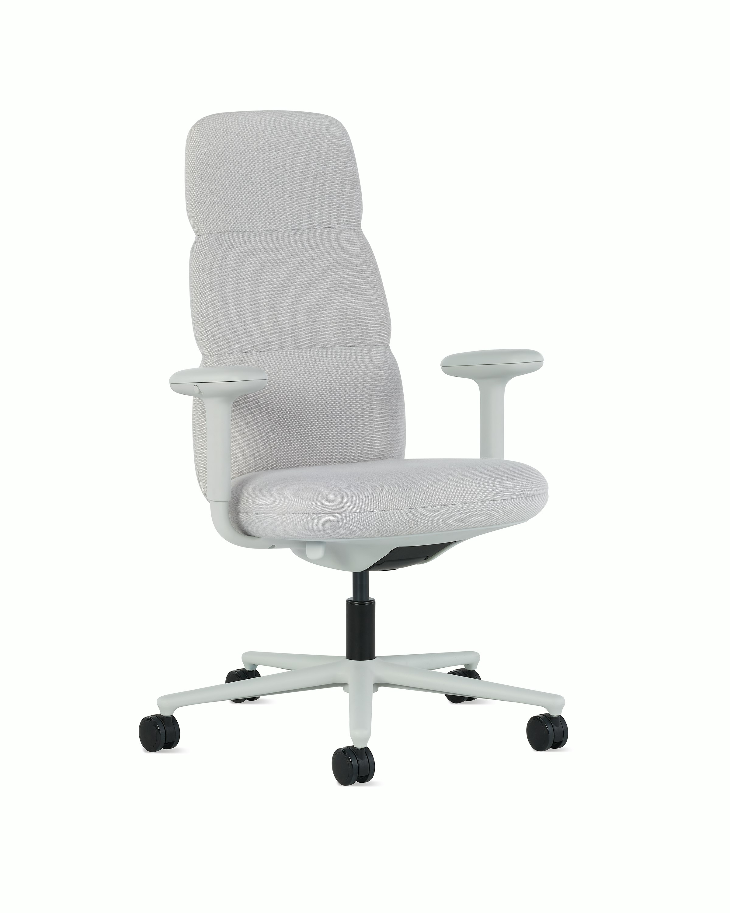 Front angle view of a high-back Asari chair by Herman Miller in light grey with height adjustable arms.