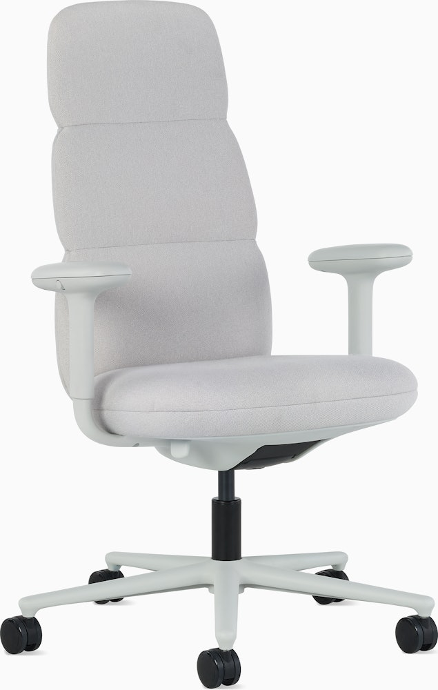 Front angle view of a high-back Asari chair by Herman Miller in light grey with height adjustable arms.