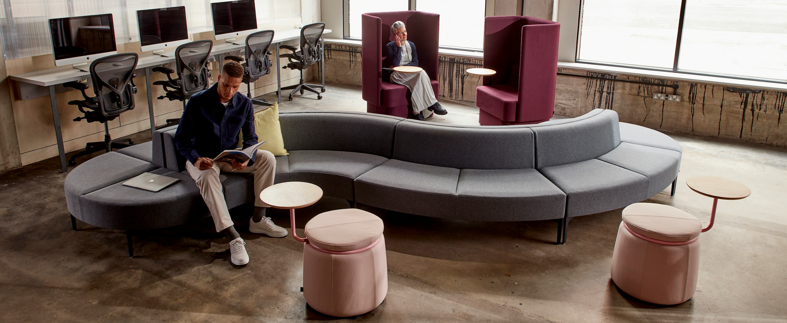 Reception area of Symbol Modular Seating with 2 Lasso stools and 2 Pullman Chairs.