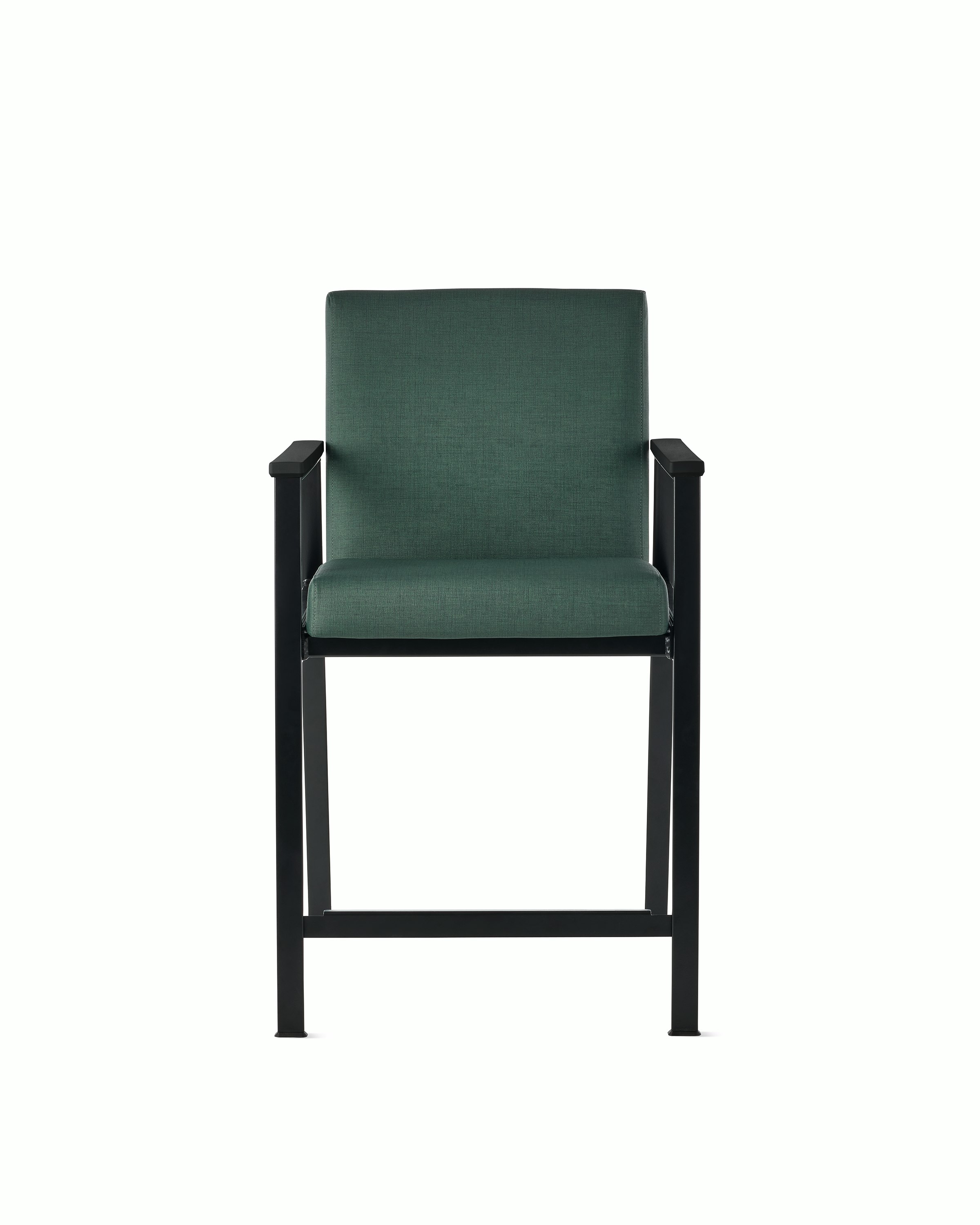 Front view of an Easton Easy Access Chair with green upholstery, black four leg base and black arm caps.