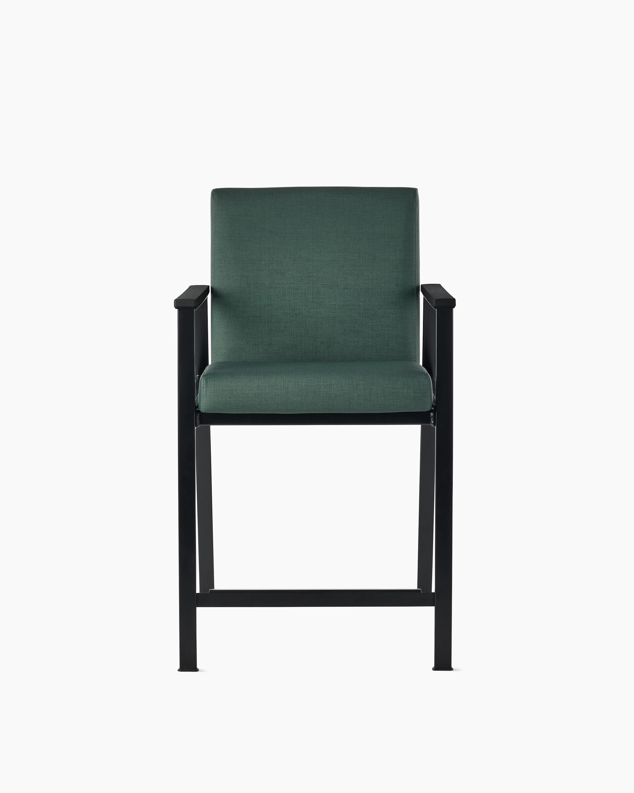 Front view of an Easton Easy Access Chair with green upholstery, black four leg base and black arm caps.