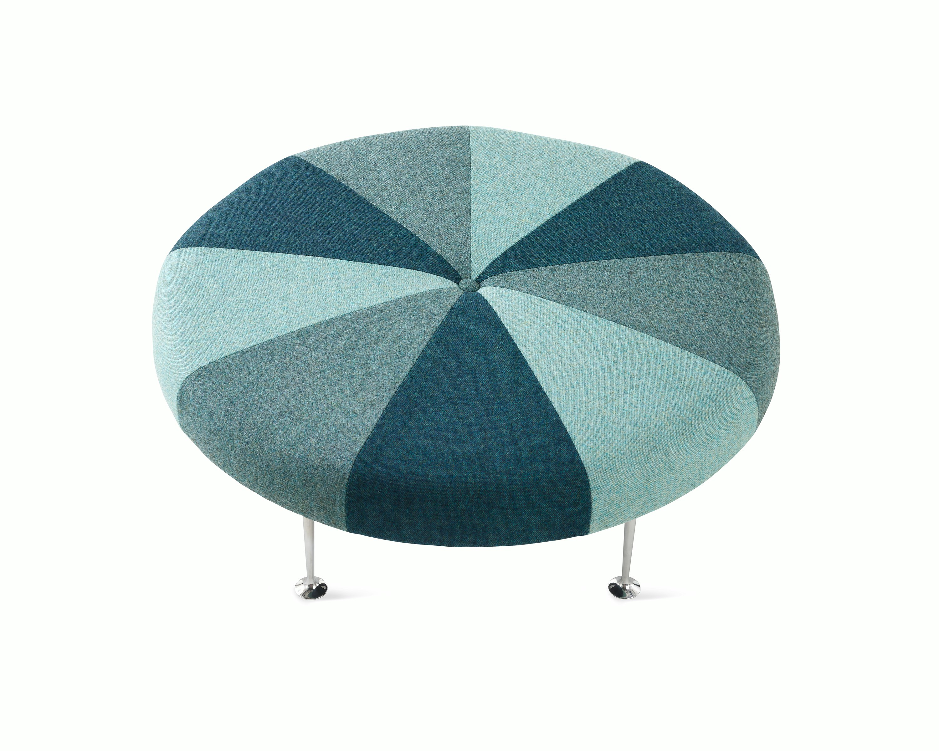 A Girard Color Wheel Ottoman upholstered in green fabrics, viewed from the top.