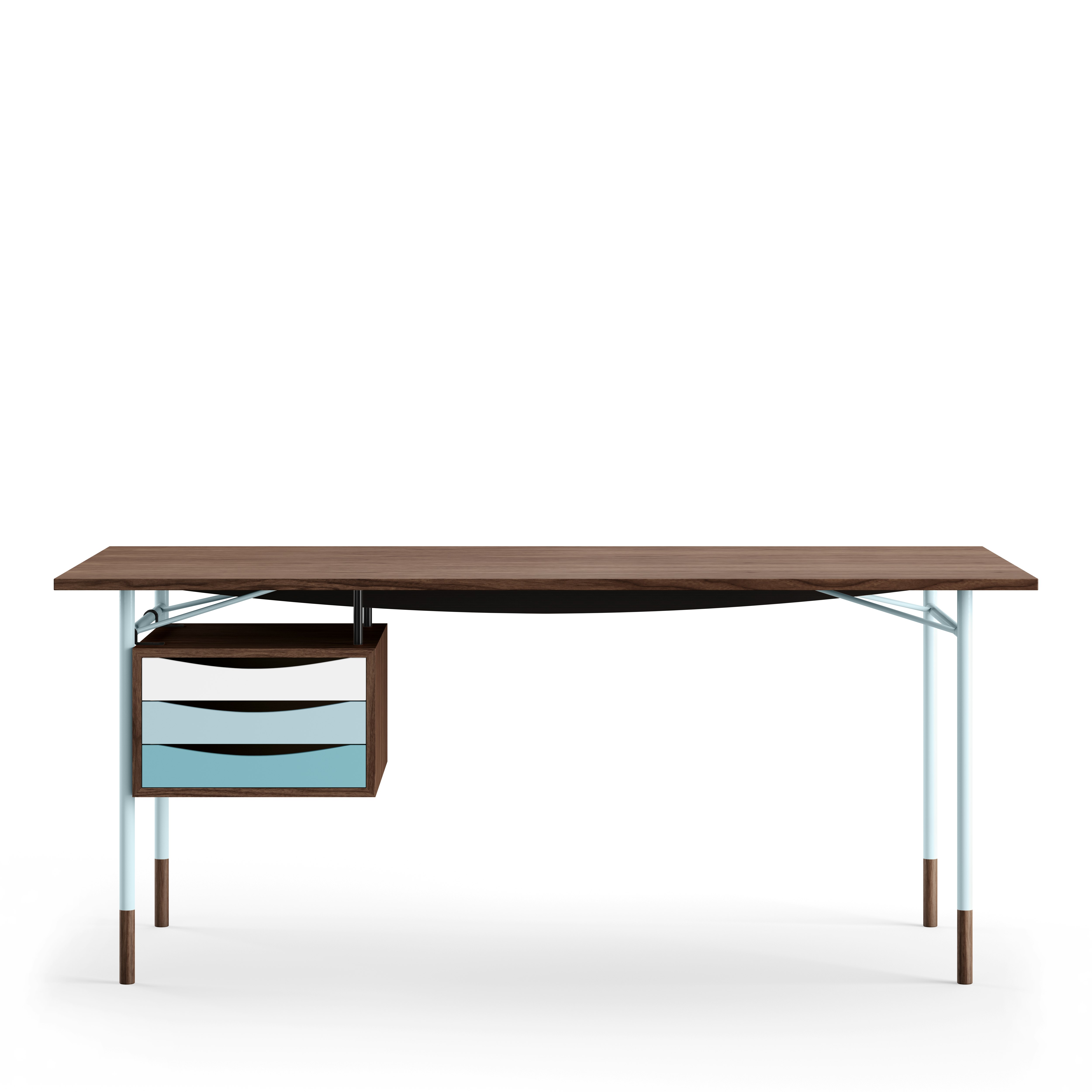 Nyhavn Desk - Walnut, Light Blue, Cool Drawer