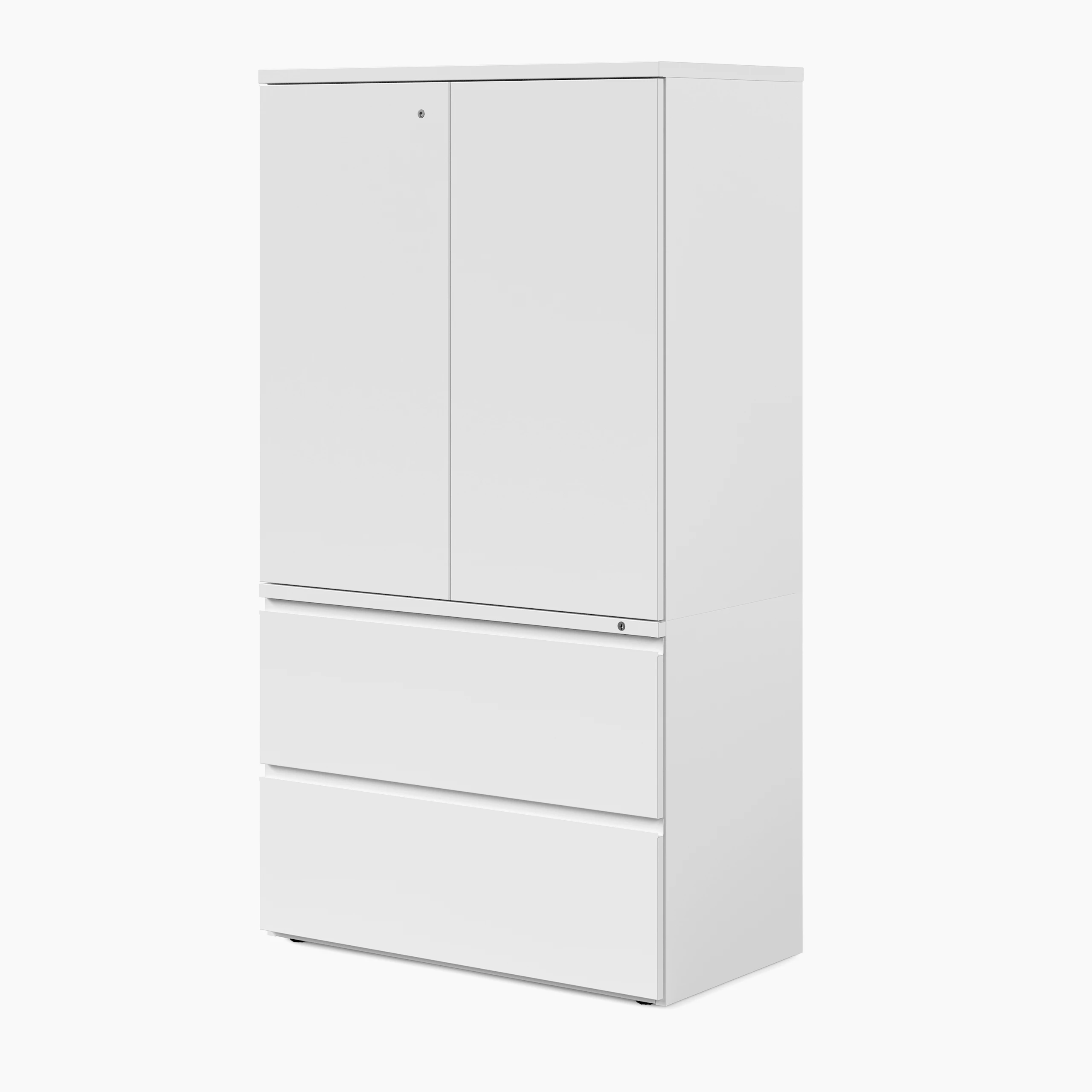 White Series 2 hybrid storage cabinet, viewed from a front angle.