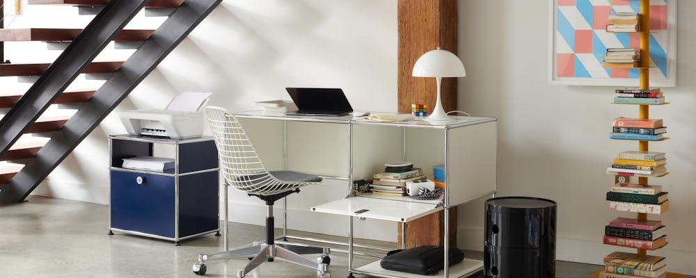 USM Haller Desk 1, USM Haller P Bedside Table and Story Shelving