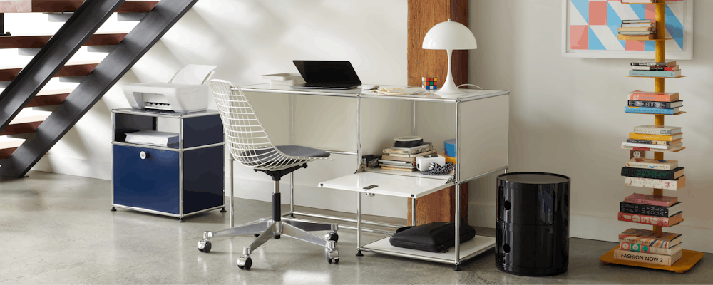 USM Haller Desk 1, USM Haller P Bedside Table and Story Shelving