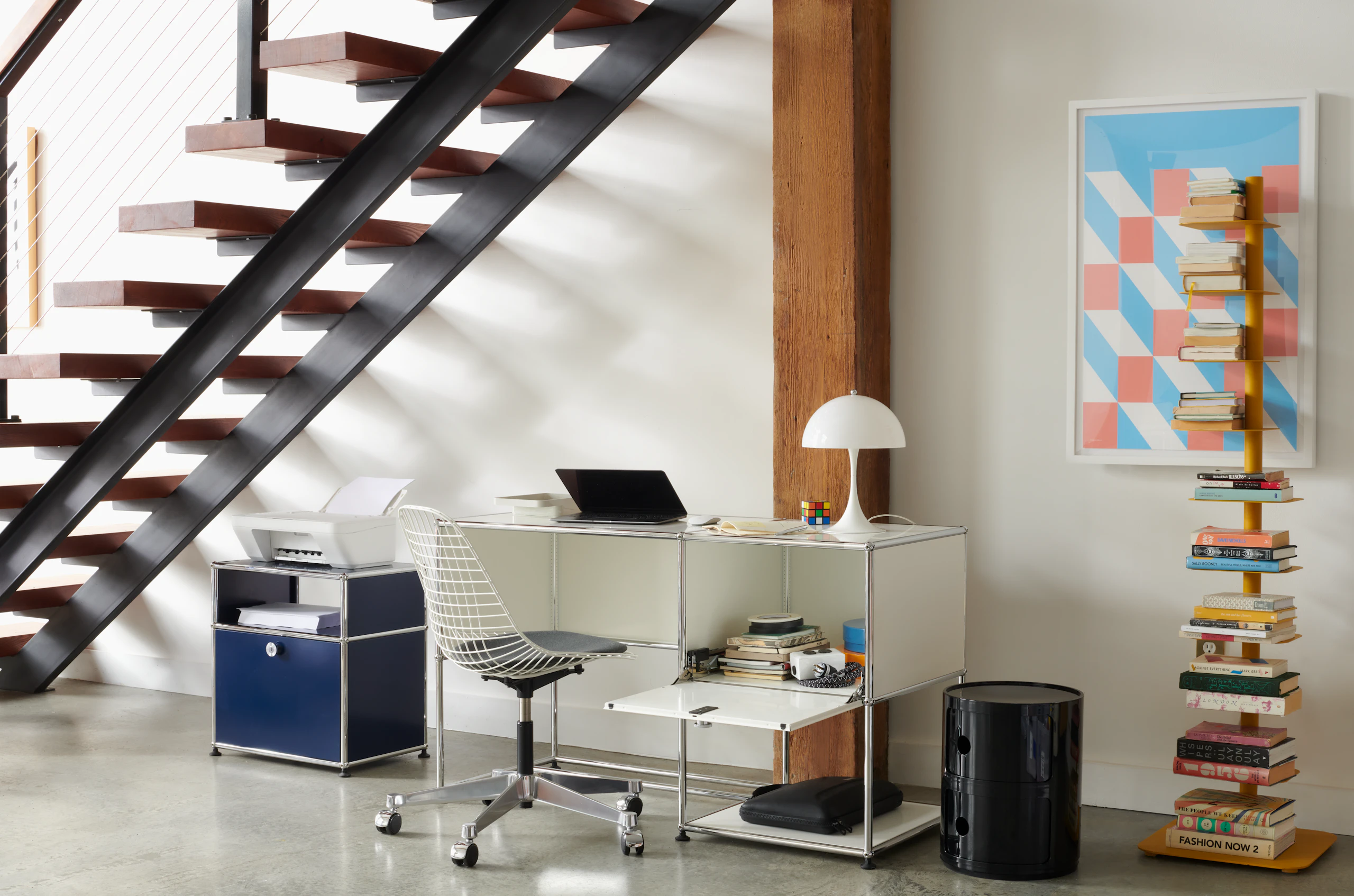 USM Haller Desk 1, USM Haller P Bedside Table and Story Shelving