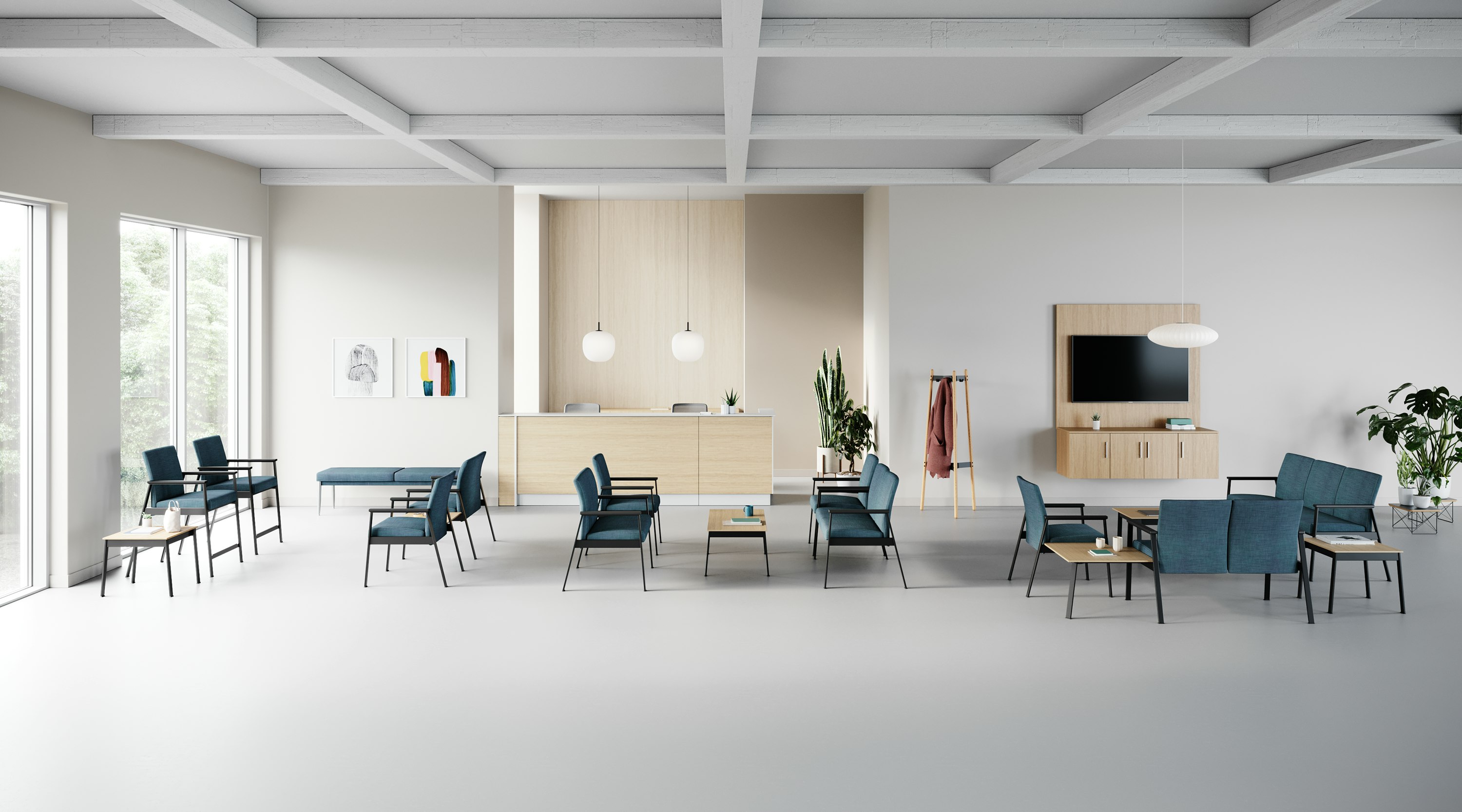 A waiting area setting with Easton Easy Access chairs, Side Chairs, Multiple Seating and Plus Chairs all in blue in various configurations.