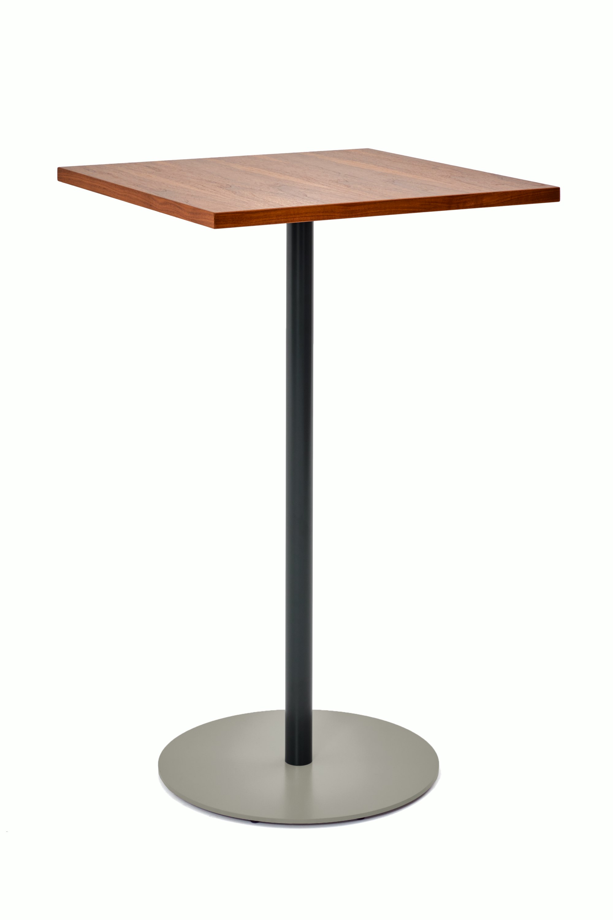 Front angled view of a square bar height Tier table with Walnut veneer top, Black Grey stem and Stone Grey base.