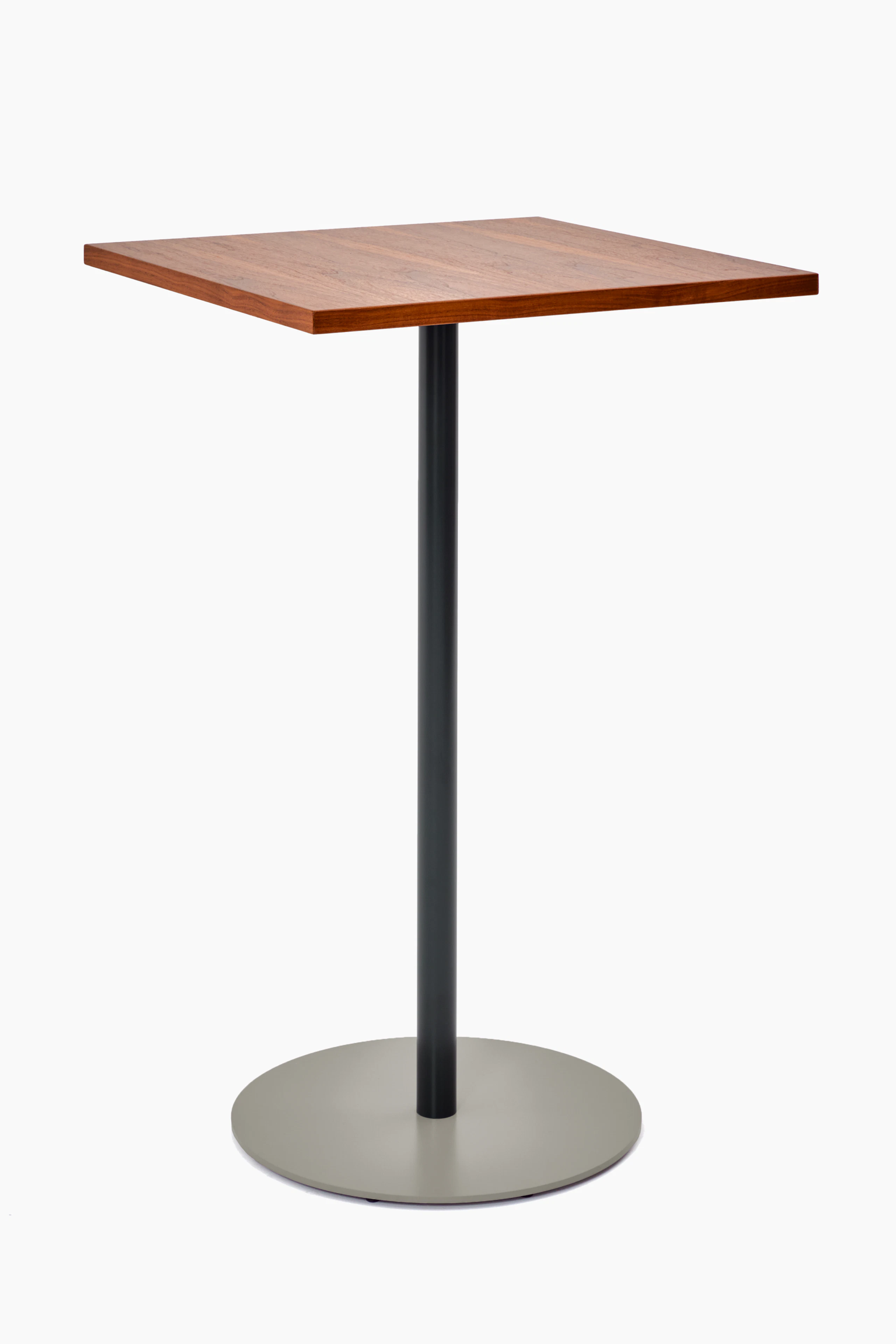 Front angled view of a square bar height Tier table with Walnut veneer top, Black Grey stem and Stone Grey base.