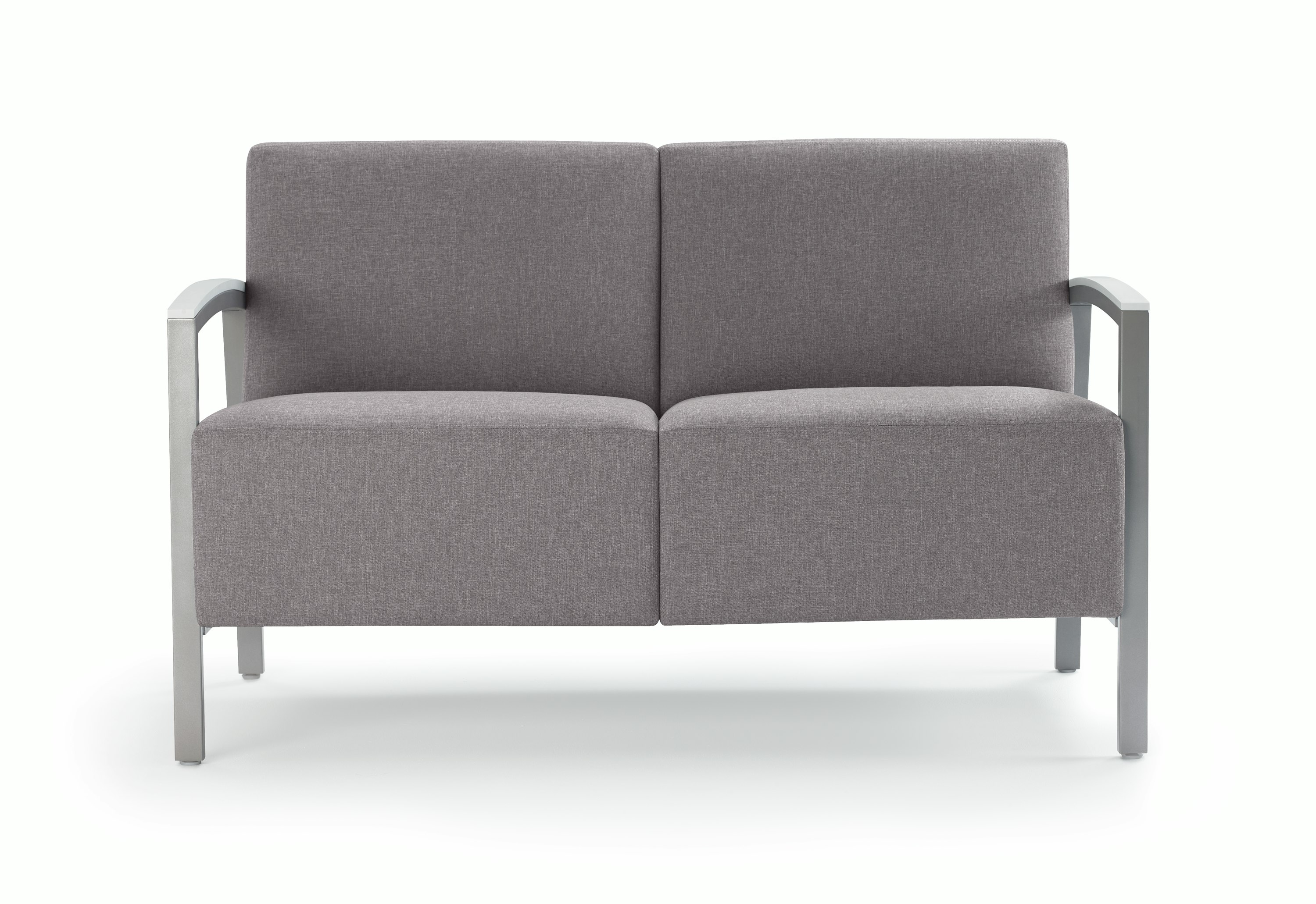Front view of a gray Brava Modern Lounge Seating two-seat chair with solid surface arm caps.