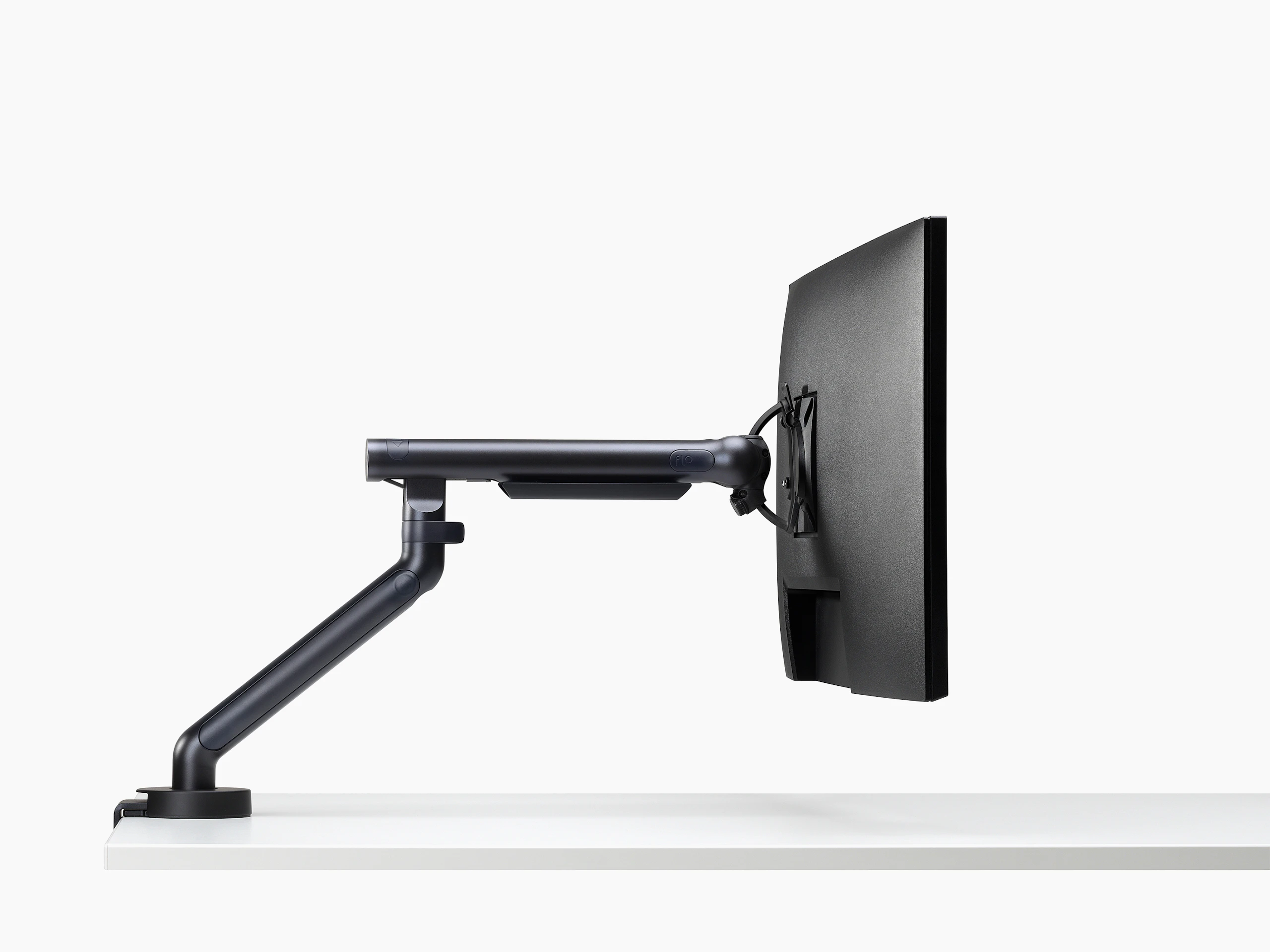Flo monitor arm in black viewed from the side.