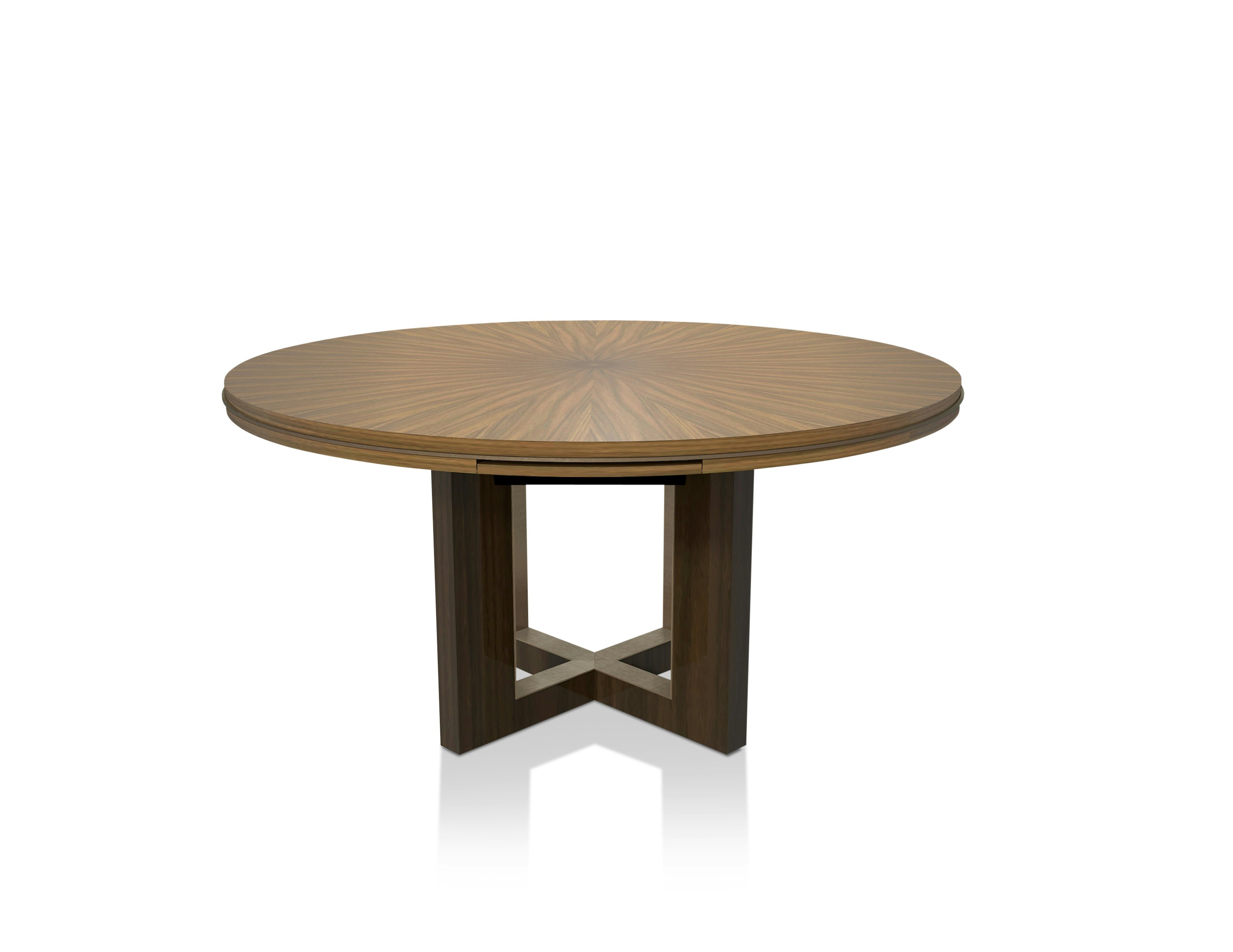 Highline 50 Meeting Table with Quartered Walnut round top, subtop, and base, power drawers, front view.