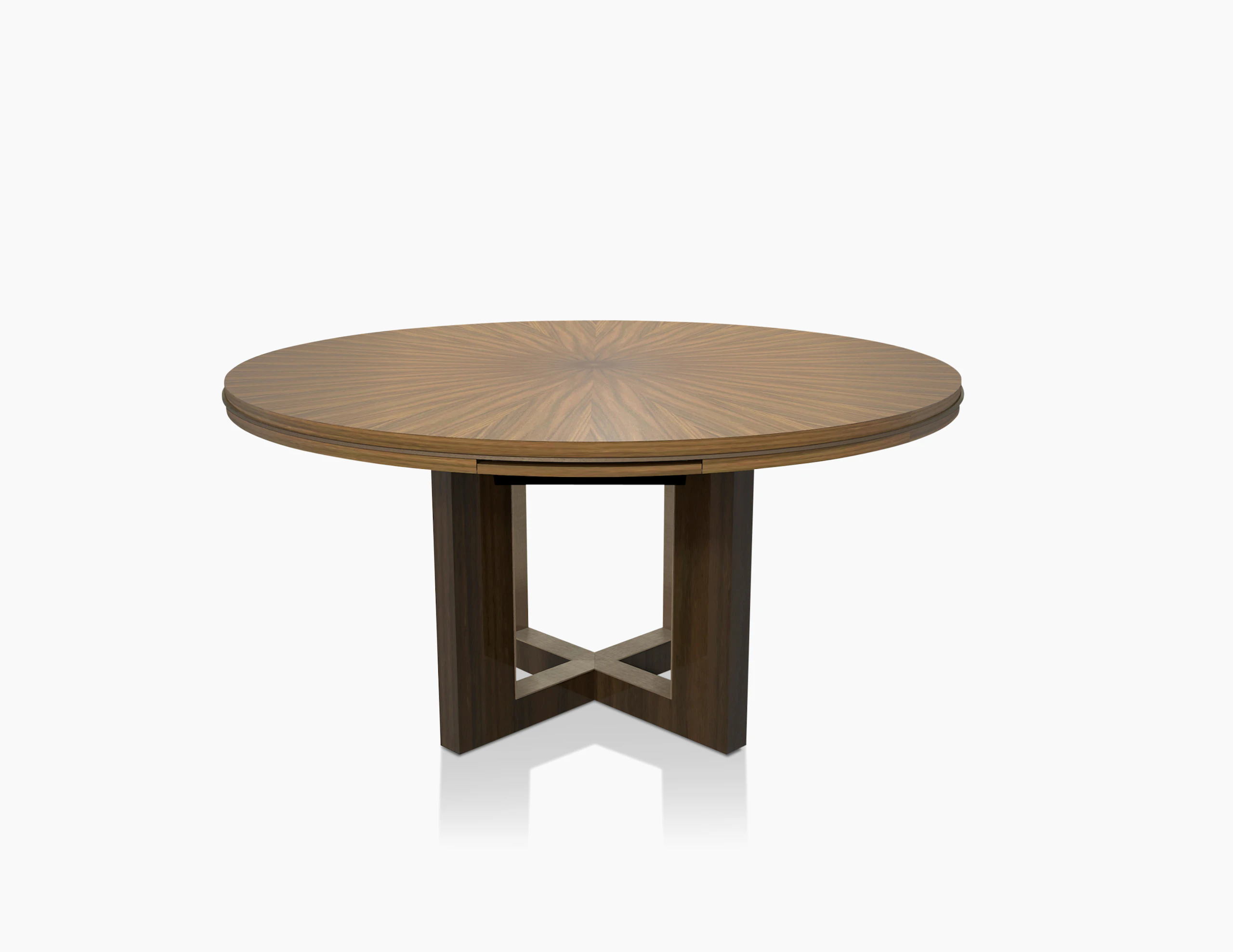 Highline 50 Meeting Table with Quartered Walnut round top, subtop, and base, power drawers, front view.