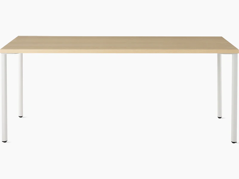 OE1 Rectangular Table with light brown surface and white legs viewed from the front.