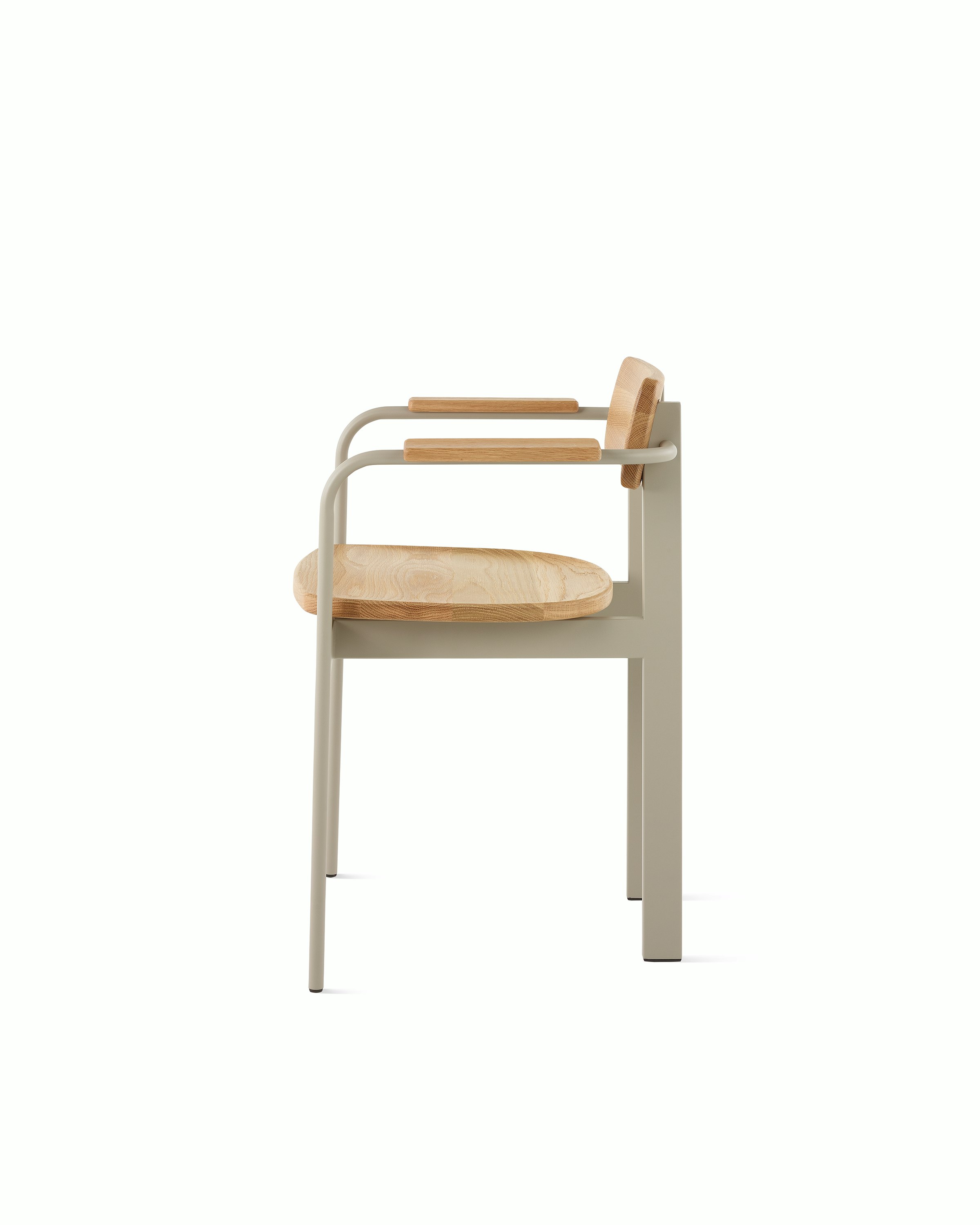A Betwixt Chair with oak seat, backrest, arms and a grey frame. 