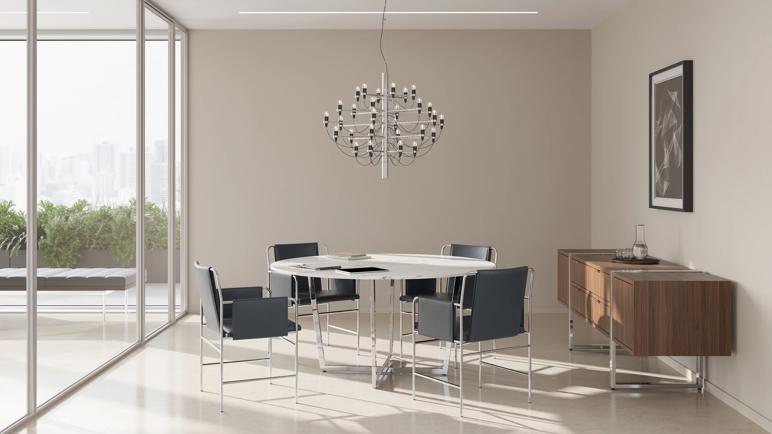 Highline Meeting Table in Meeting Room with Highline Credenza and Envelope Chairs.