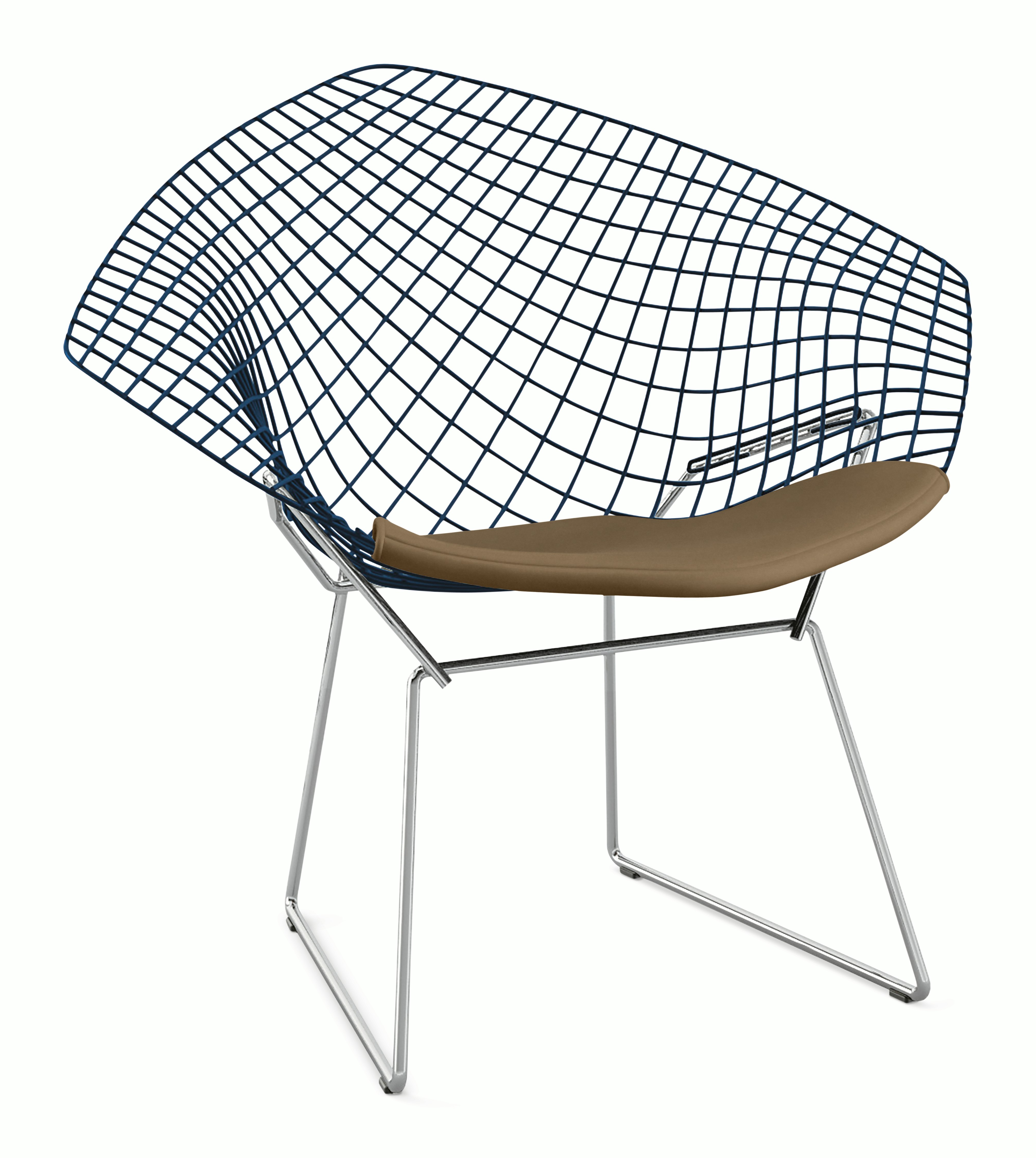 Bertoia Diamond Chair,  Blue Frame,  Polished Chrome Base,  Ultrasuede,  Wood